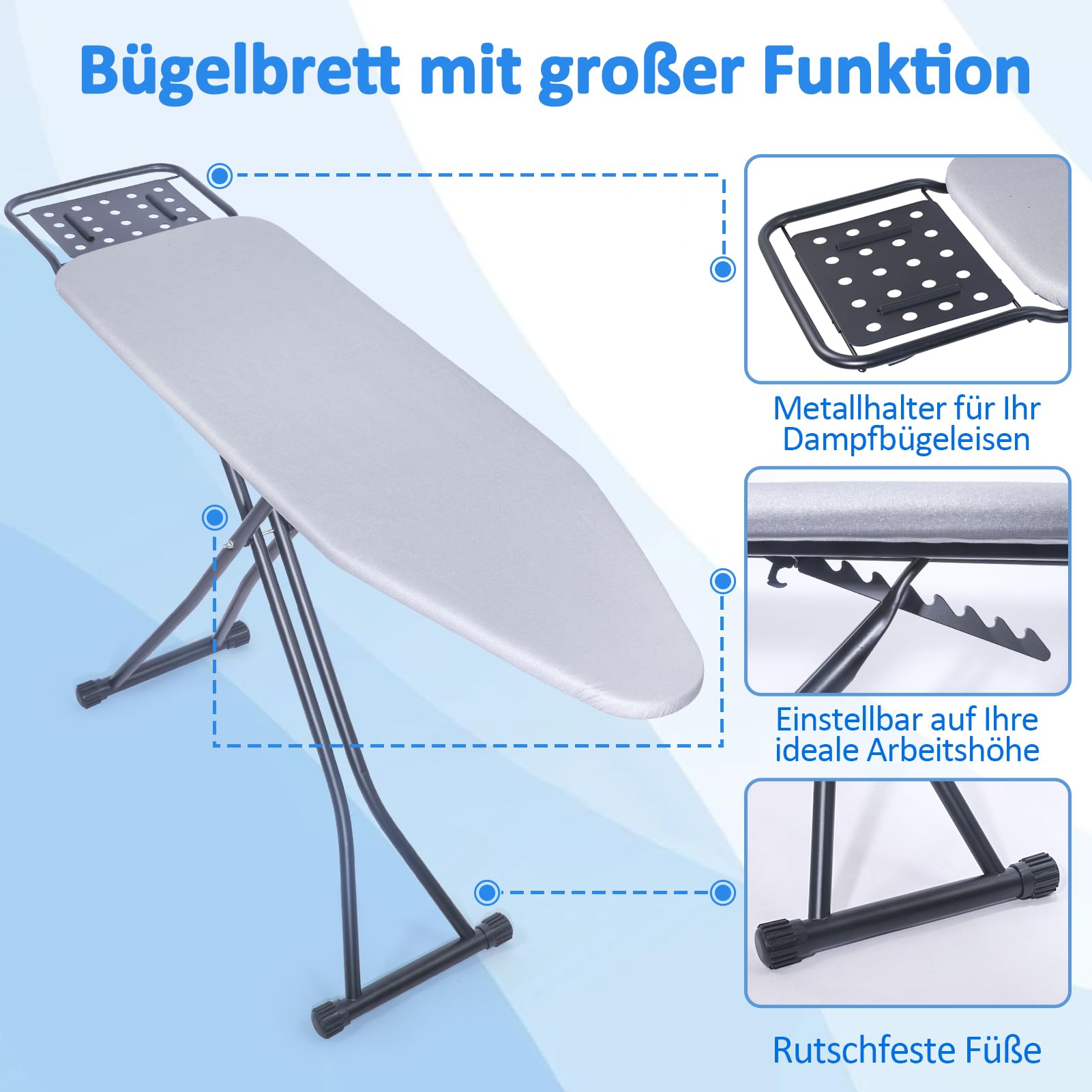 Bügelbrett,Dampfbügelbrett mit Bügeleisenablage, Metallnetz Bügeltisch mit Rutschfesten Füßen für Verstellbarer Höhe,Bügelbrett Klappbar Kein,Robuster Bügeltisch größe 133x34cm