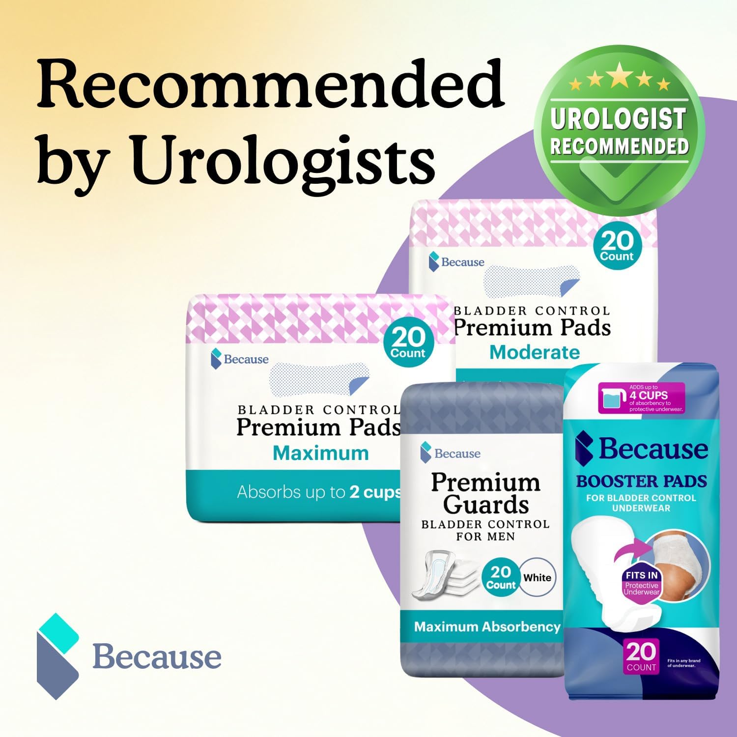 Because Premium Incontinence Pads for Women - Discreet, Individually Wrapped Liners - Moderate Absorbency, Ergonomic Design for Comfort, Leak Protection - 20 Count (Pack of 1)