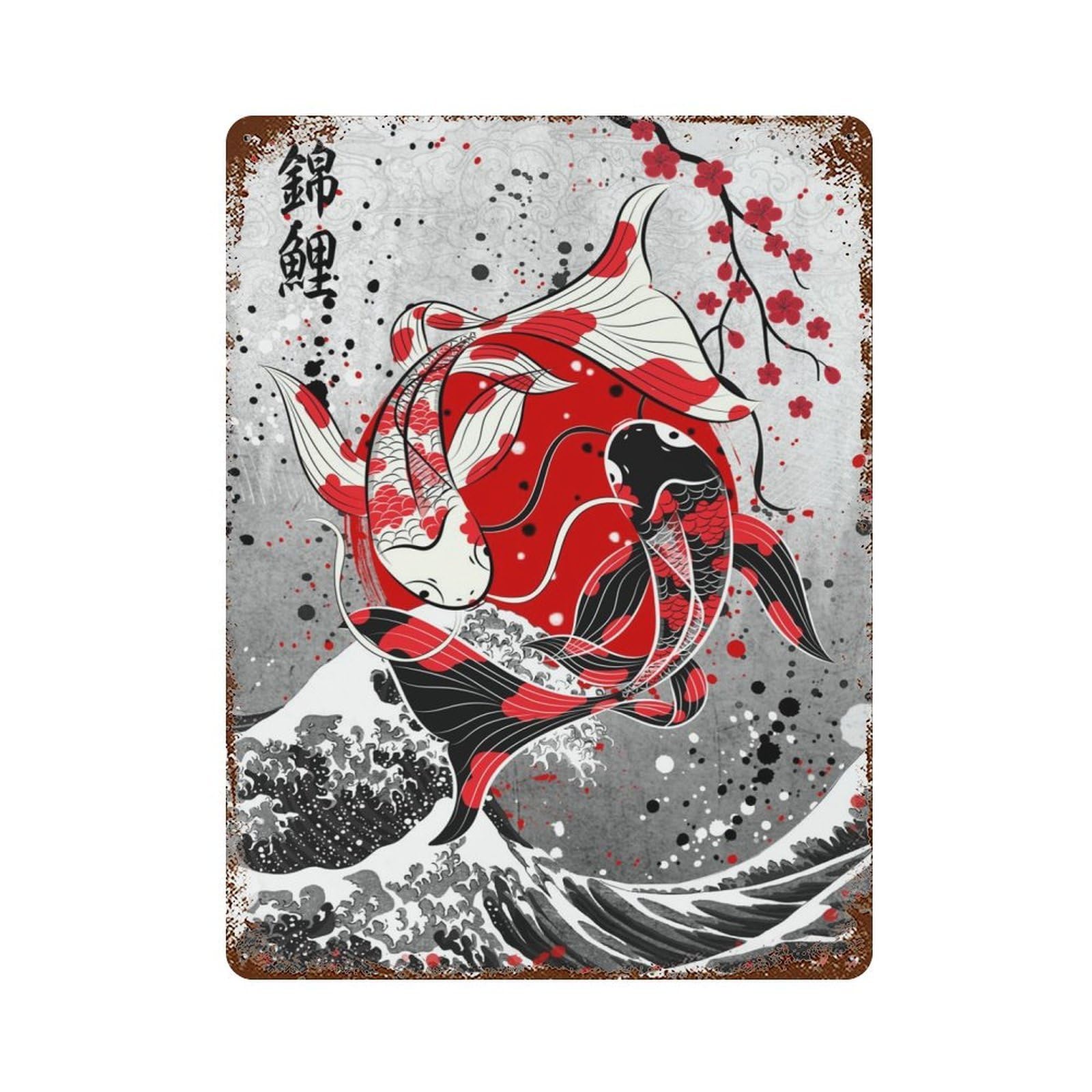 Yin Yang Koi Fish Rust Effect Tin Sign 15.7"x11.8", for Bistro, Counter And Cafe Decor, Shabby Chic Decor