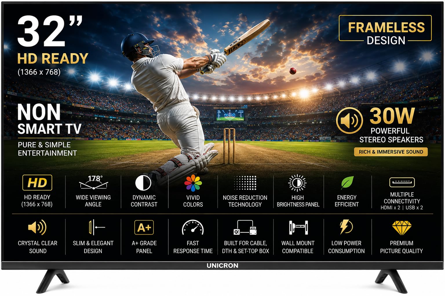 UNICRON 32 Inch LED TV Frameless | Non SMART TV | HD Ready Display | HDMI, USB Connectivity | Non-Smart Television for Home, Office, Security Monitor | Premium Black-image-5