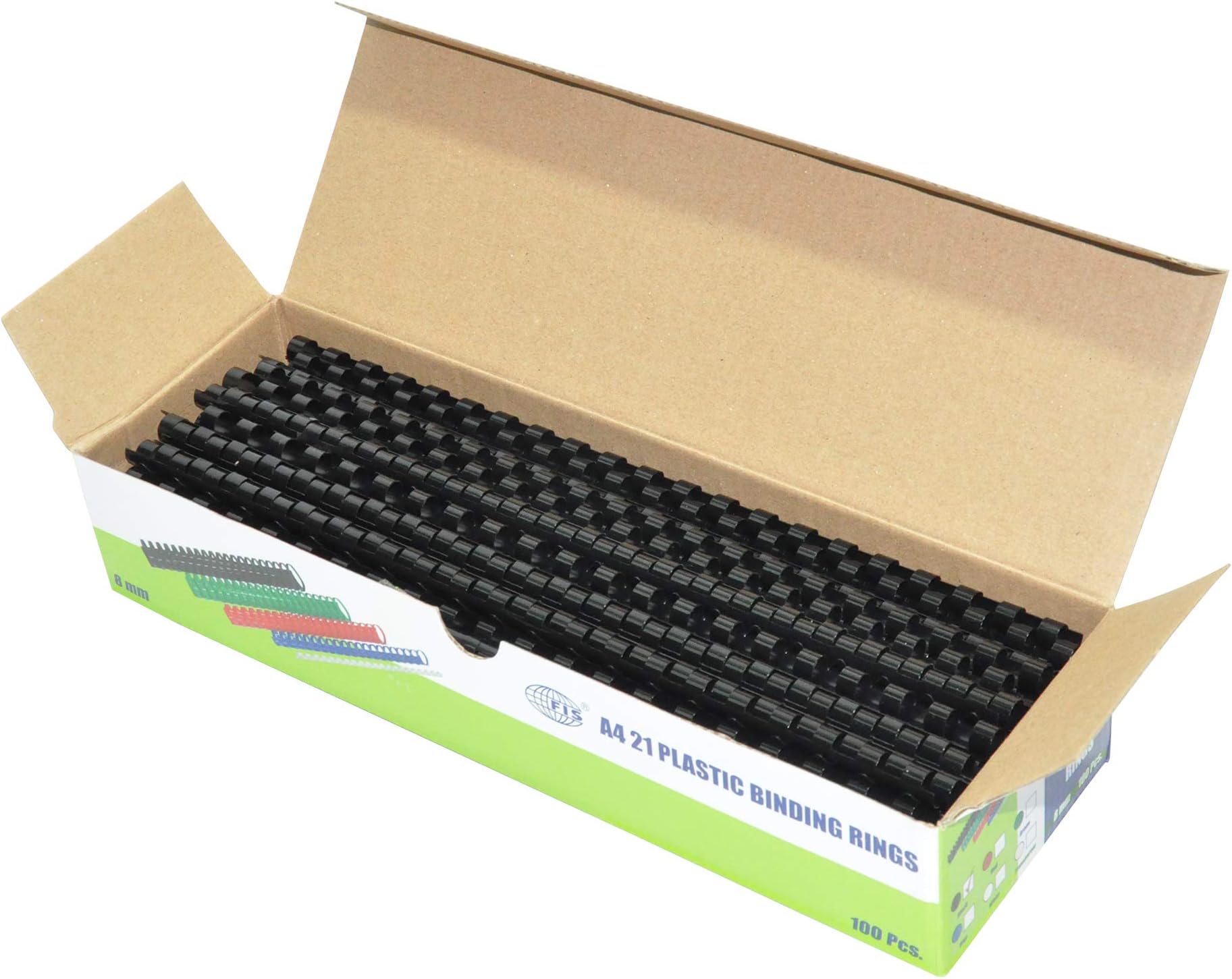 FIS® Plastic Binding Rings, Size 8mm, Capacity Up to 50 Sheets, 100 Pieces Per Box, Black Color-FSBD08BK