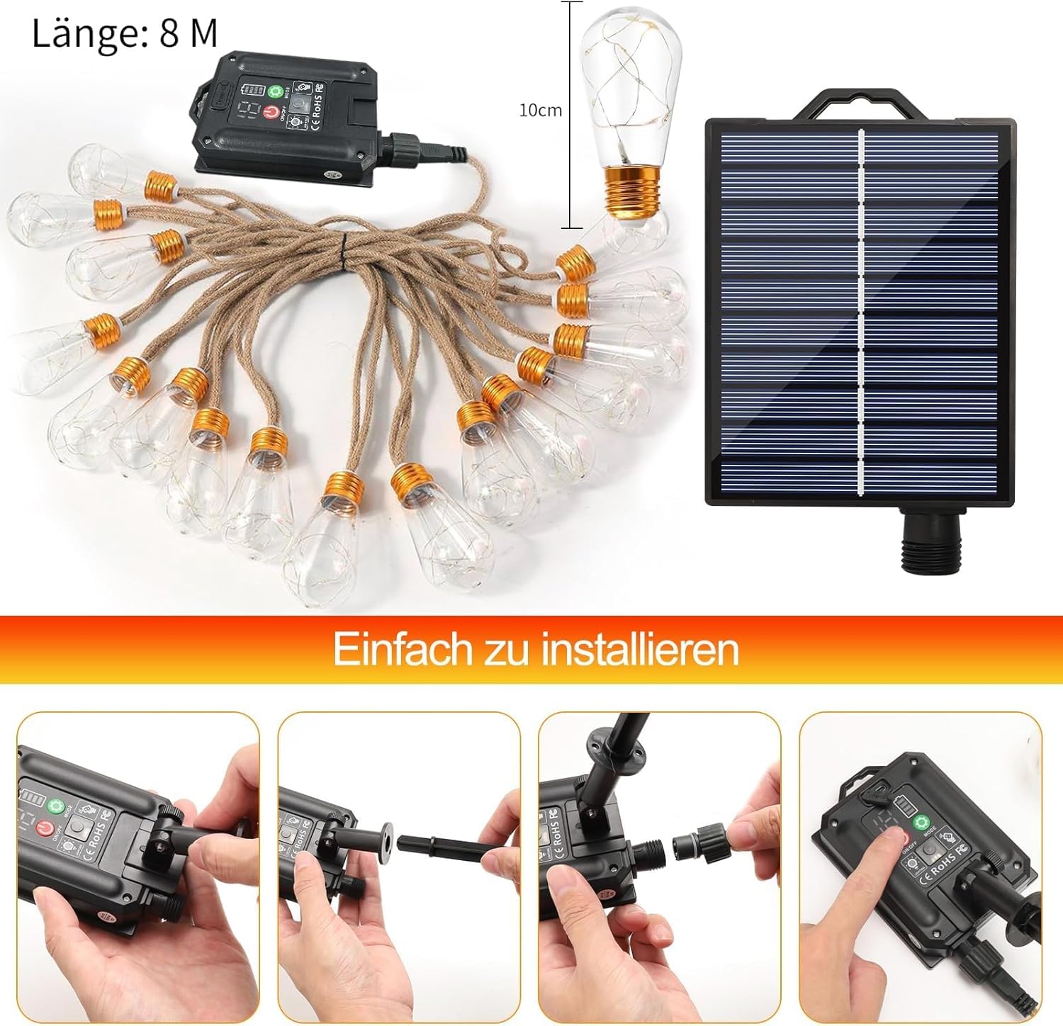 Stringa di luci solari impermeabili per esterni, 1 confezione da 50 LED da 2,3 cm ciascuna, luci da patio ad energia solare con 8 modalità di illuminazione per giardino, cortile, portico, festa di