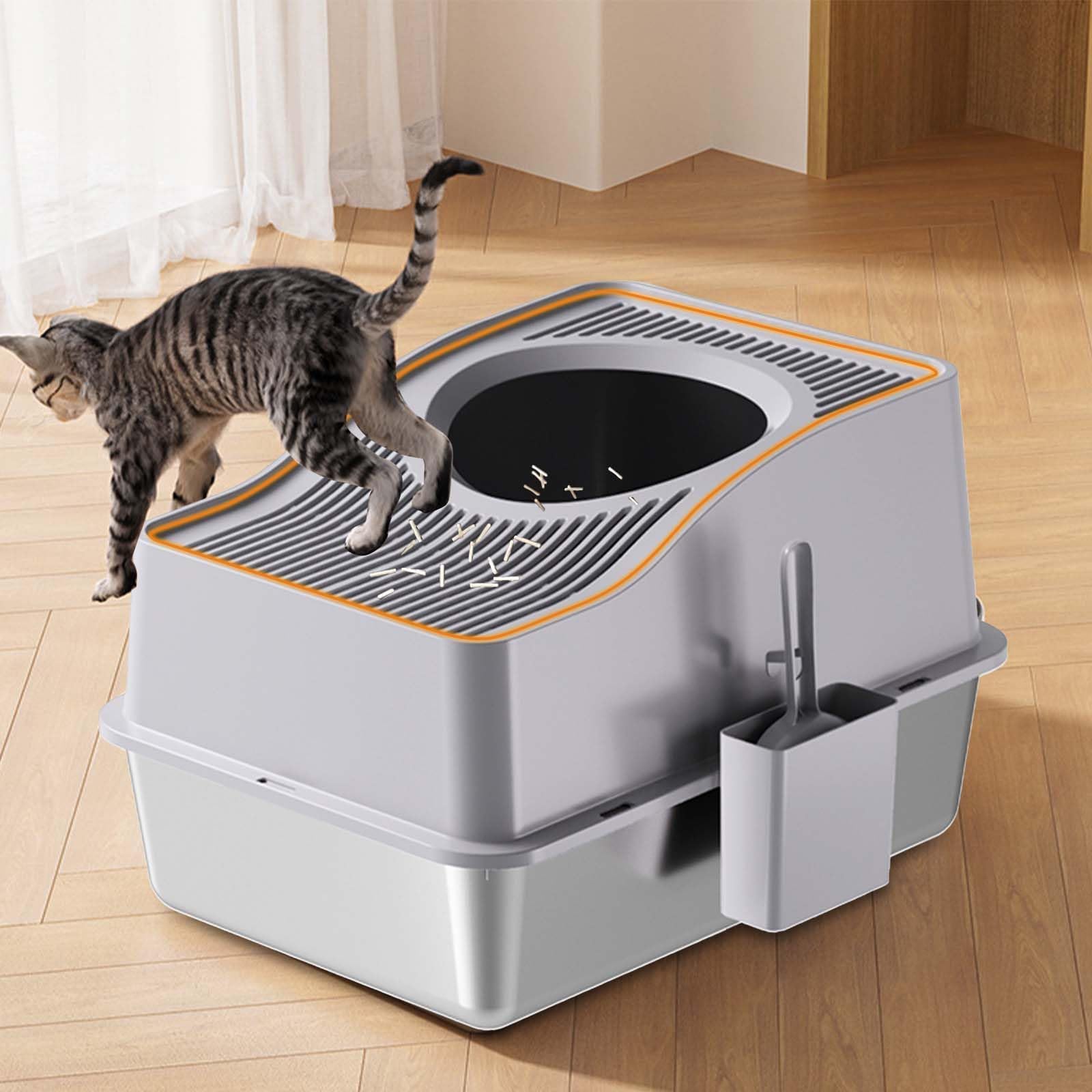 Garvee Caja de Arena Cerrada para Gatos de Acero Inoxidable con Tapa Antiolores – Espaciosa, Fácil de Limpiar y Antiderrames, Incluye Pala y Pedal, Adecuada para Todo Tipo de Gatos, Gris,60x40x35cm