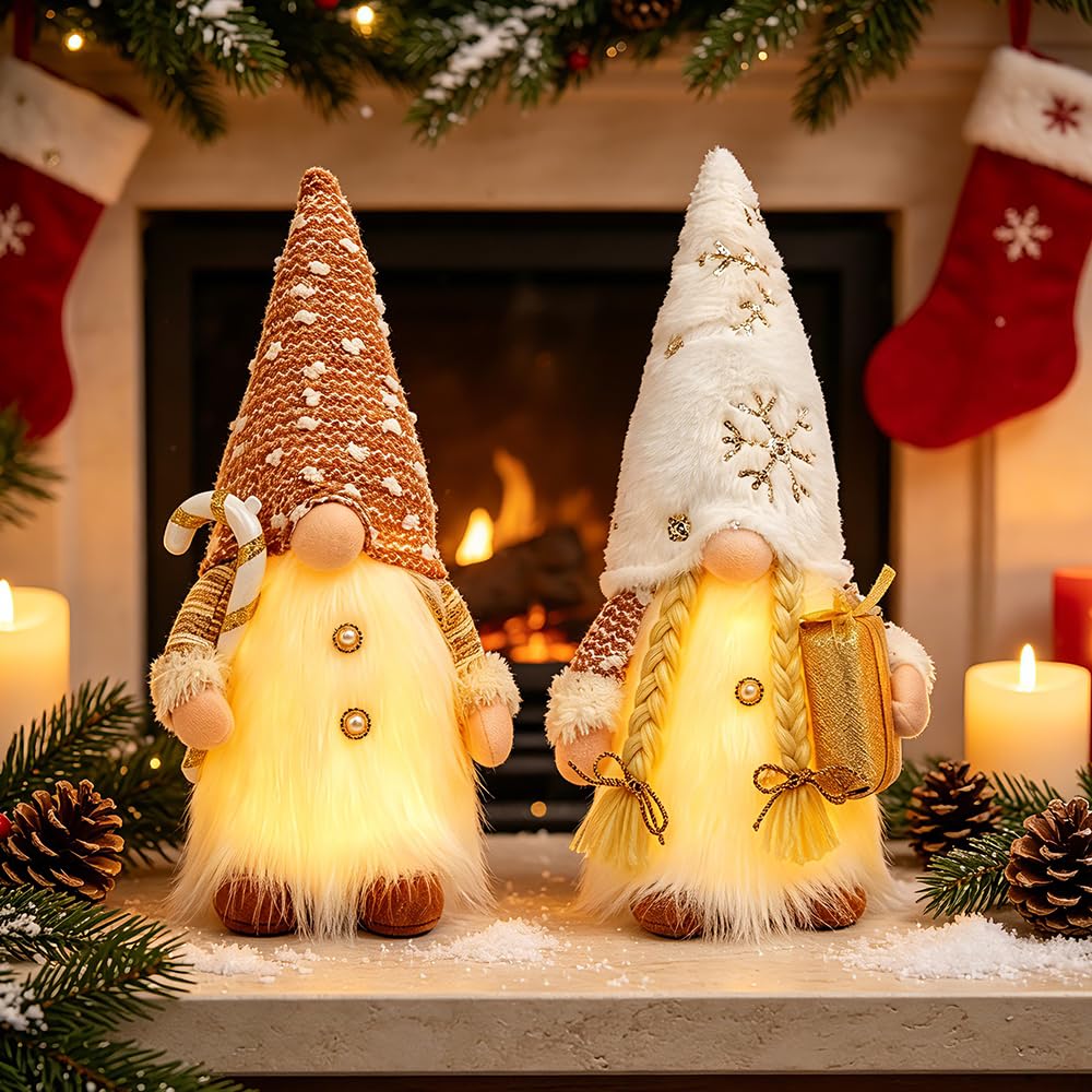 Mbuaopa 2Pcs Light Up Gnome Christmas Decorations, Handmade Swedish Santa Gnom, Gonk Elf Christmas for Indoor Decoration, Home Decoration Holiday Party Decor Gifts