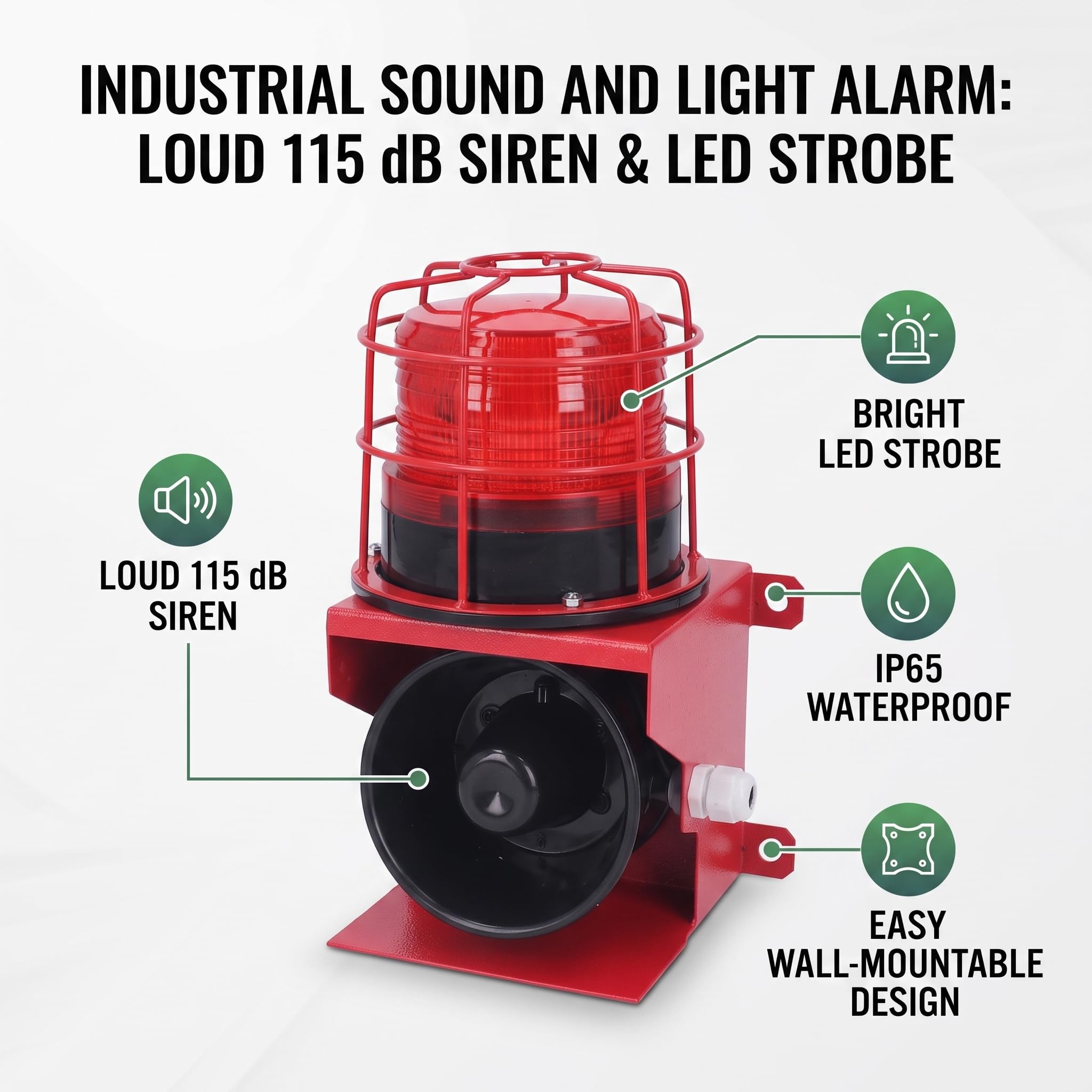 Alarma de Luz de Sonido Industrial de 115 DB Protección IP65 Luz Estroboscópica LED de Montaje en Pared Luz de Advertencia Estroboscópica de Emergencia Alarma Exterior (Enchufe