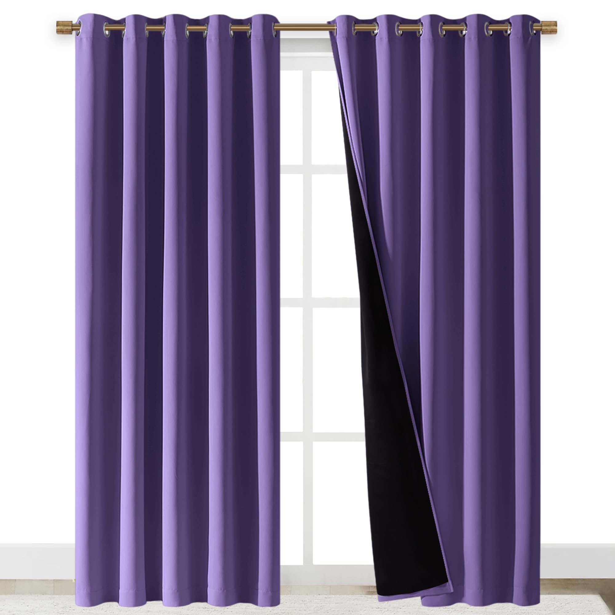 NICETOWN Total Shade Curtains and Draperies, Heavy-Duty Full Light Shading Drapes with Black Liner Backing for Villa/Hall/Dorm Window(Lilac Purple, Package of 2, 70 inches Wide x 95 inches Long)