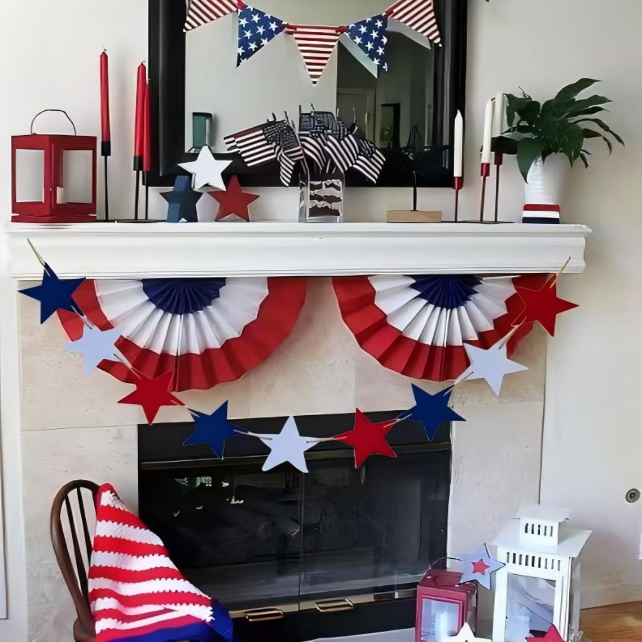 Fourth of July Home Decor Banners, Memorial Day Decor Patriotic Decor Felt Wood Patriotic Wreaths Decorate Fourth of July Party Supplies (Red Blue