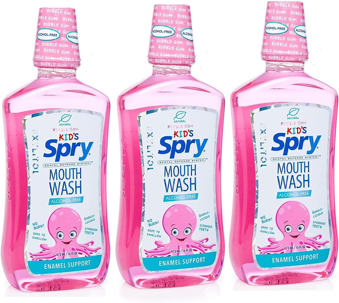 Natural Xylitol Mouthwash Fluoride Free with Enamel Support, Alcohol-Free, Gentle, Non-GMO, Bubble Gum - 16 fl oz (Pack of 3)
