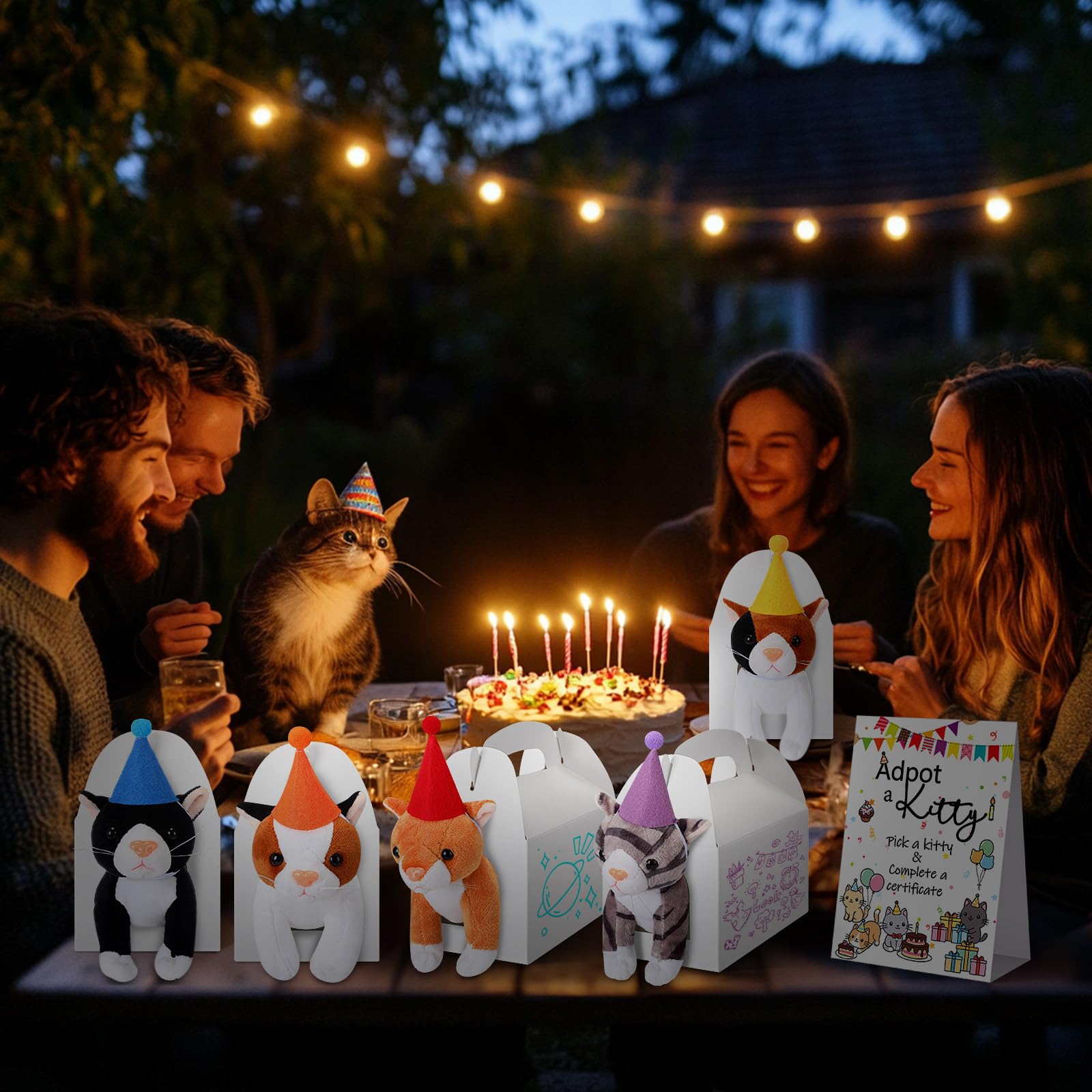 HyDren 25 piezas de regalos de fiesta de adoptar gato, incluye letrero de adoptar un gatito, 8 certificados de adopción de gatitos, 8 mini gatos de peluche, 8 sombreros de cumpleaños, 8 cajas de papel