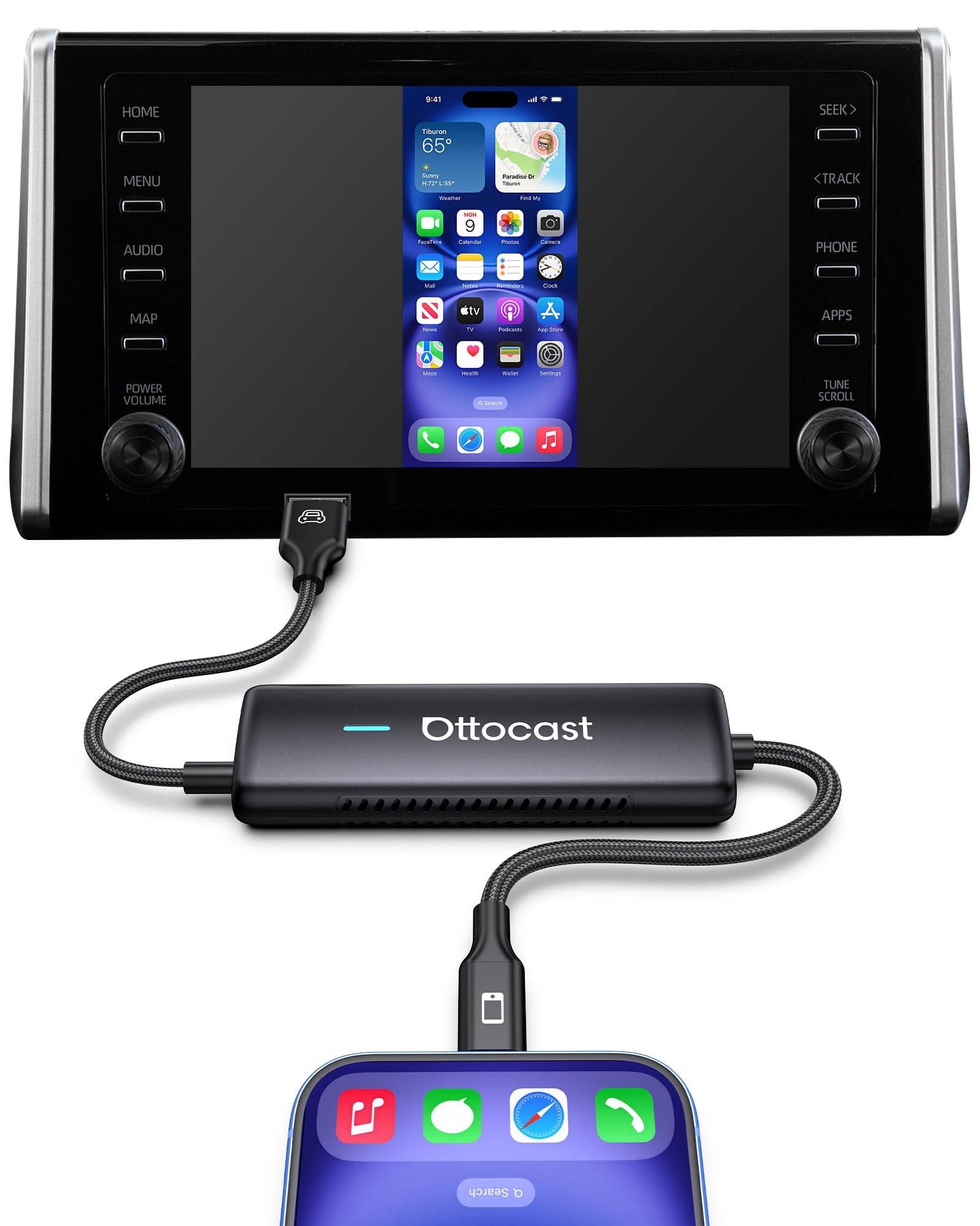OTTOCAST Mirror Touch Bezprzewodowy Adapter CarPlay, 3 w 1 Mirroring Telefonu z Kontrolą Dotykową, Oglądaj Netflix YouTube na Ekranie Samochodu, dla iPhone 15+ i Android DP, do Przewodowym CarPlay