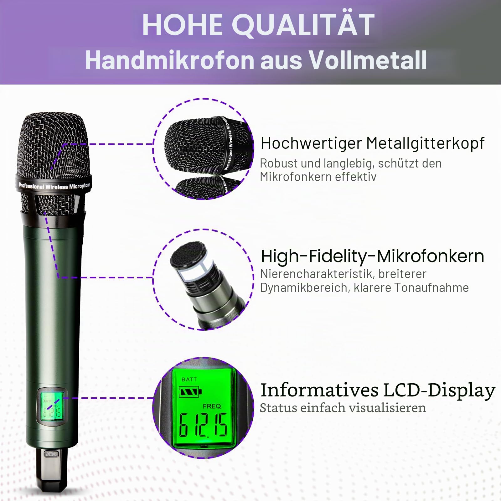 Depusheng DR666 Professionelles drahtloses Karaoke Mikrofon doppeltes drahtloses Handmikrofon Metallgehäuse 100 Meter Langer Empfang speziell für die Bühne der Bar