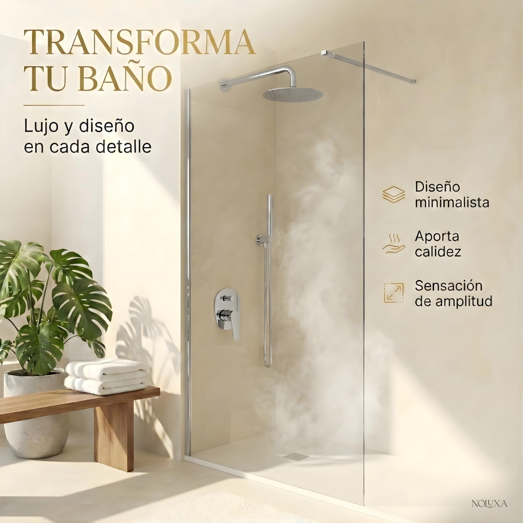 IMEX - Mampara Ducha Fija 50cm Frontal Cromada con Brazo de Sujeción | Mampara de Cristal Antical y Perfilería de Aluminio con 200cm de Altura | Vidrio con Grosor 8mm y Sistema de Montaje Fácil