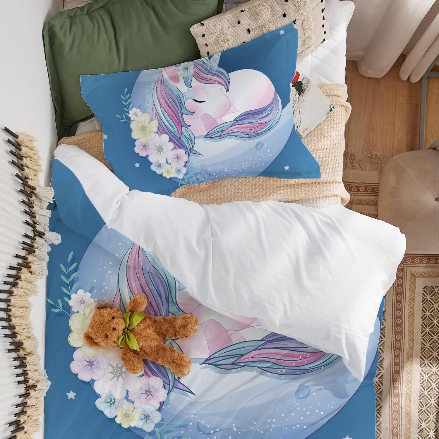 Copripiumino Singolo Bambina 135x200cm, Blu Arcobaleno Unicorno Motivo Microfibra Biancheria da letto - Copripiumino 135x200 e 1 Federa 50X75cm