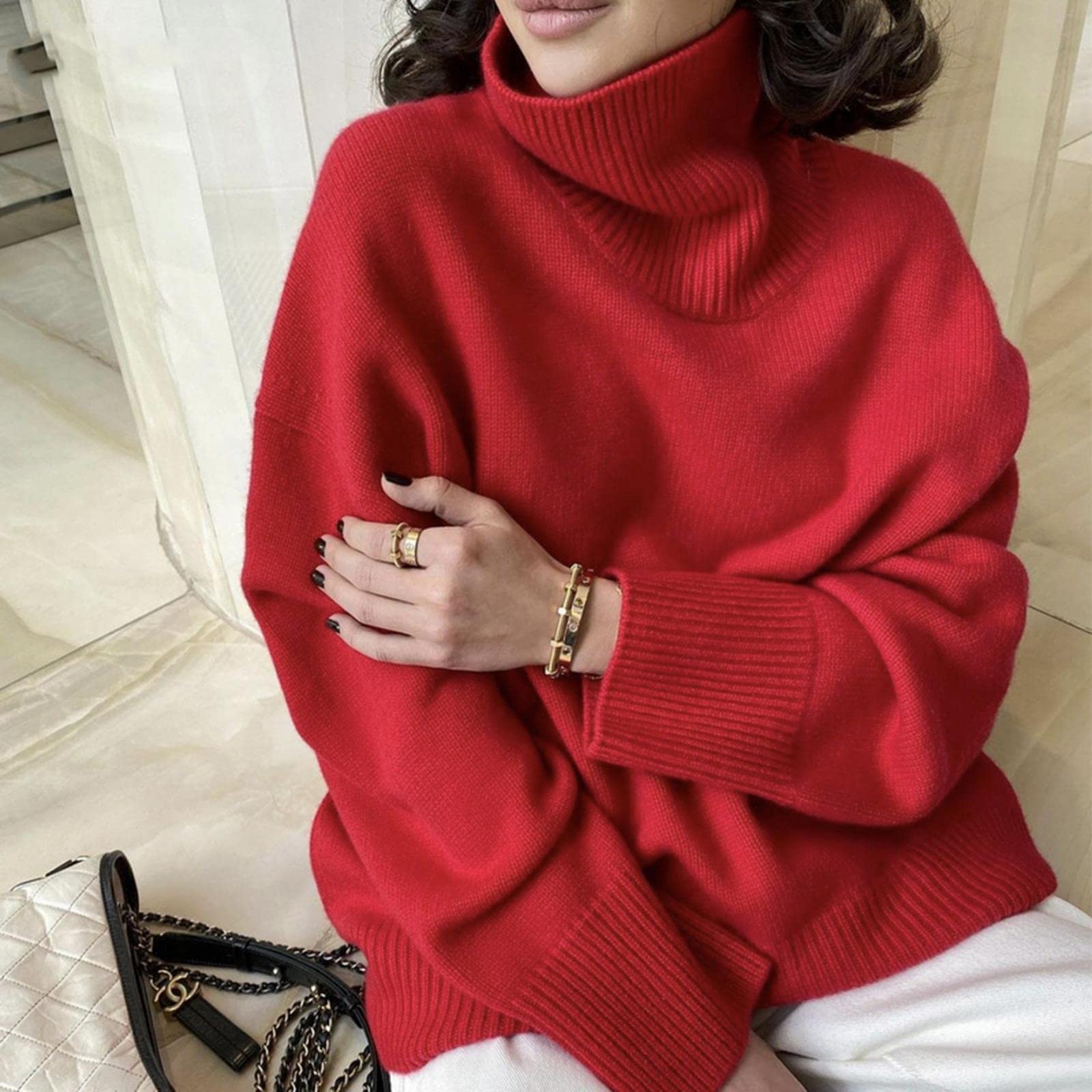 TOBILE Damski sweter z okrągłym dekoltem sztuczny kaszmir elegancki golf dekolt damski sweter miękki dzianinowy podstawowy pulowery okrągły dekolt luźny ciepły damski sweter z dzianiny