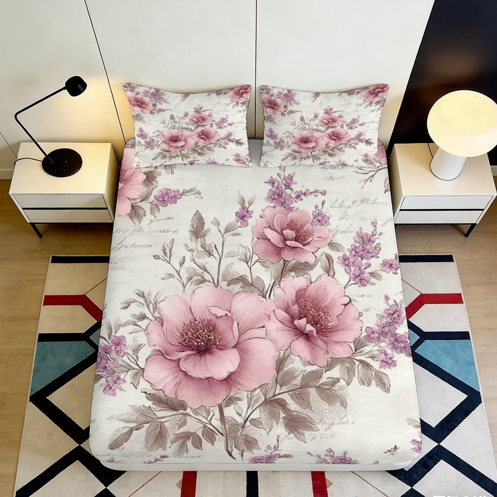 3D Printed Pink Floral Fitted Sheet Microfiber Soft Breathable Large Peony Mattress Cover for Bedroom Guestroom Decor 90x200x25cm