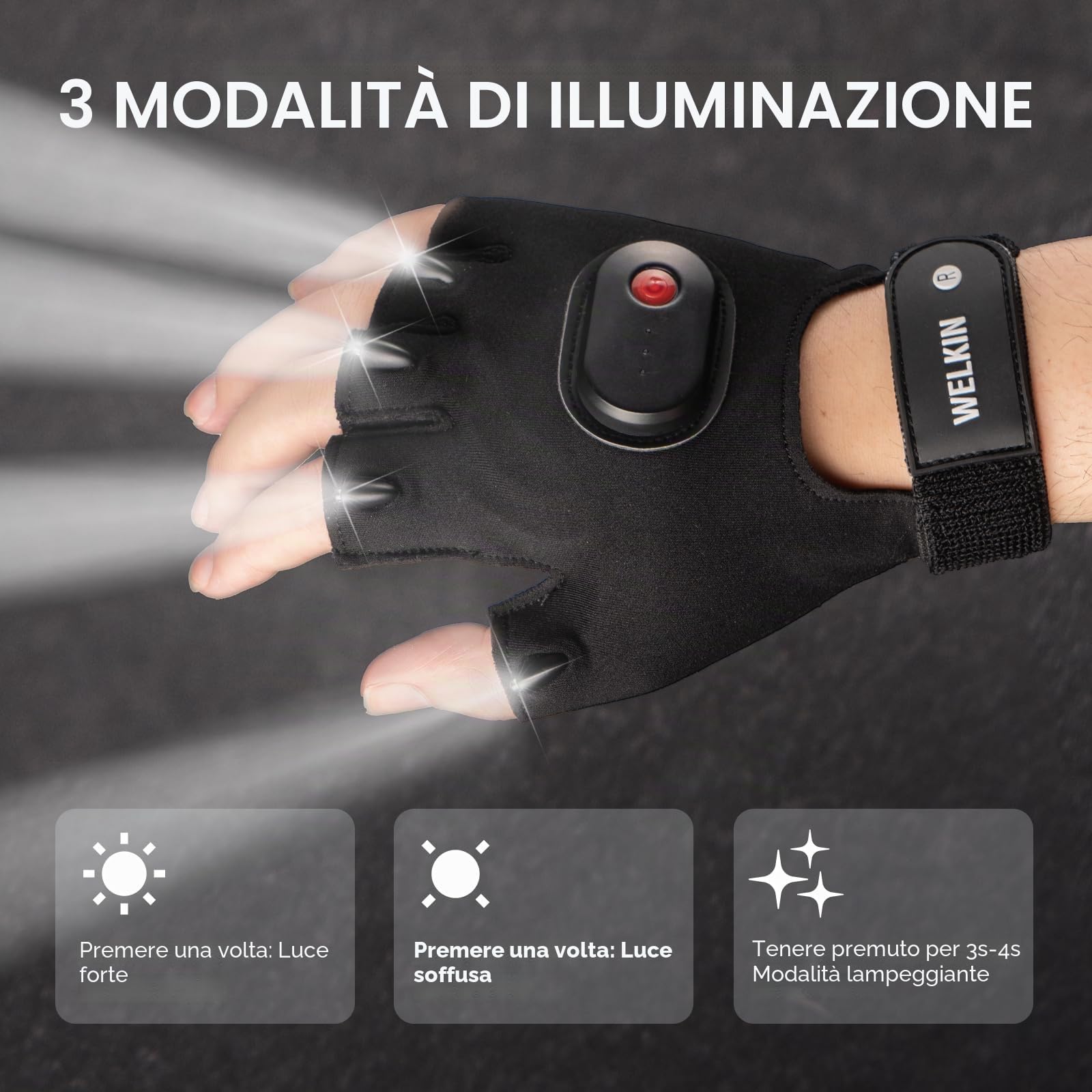 WELKIN Guanti a LED con luce, luci ricaricabili, regali per uomini, luci senza mani per pesca, lunga standby