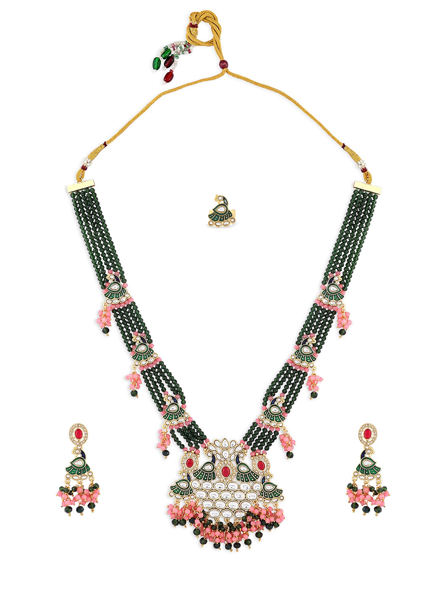 ZAVERI PEARLS Multicolor Peacock Meenakari Multistrand Kundan Bridal Necklace Earring Ring Set For Women-ZPFK16025 (B0C4H34J2C) Amazon Price History, Amazon Price Tracker