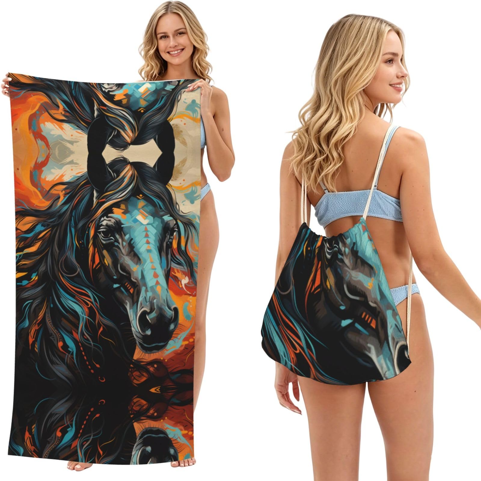 SXZVVBN Colored Mane Horses 2-in-1 Beach Towel Bag, Quick Dry Sand Free Travel Towel Backpack for Adults