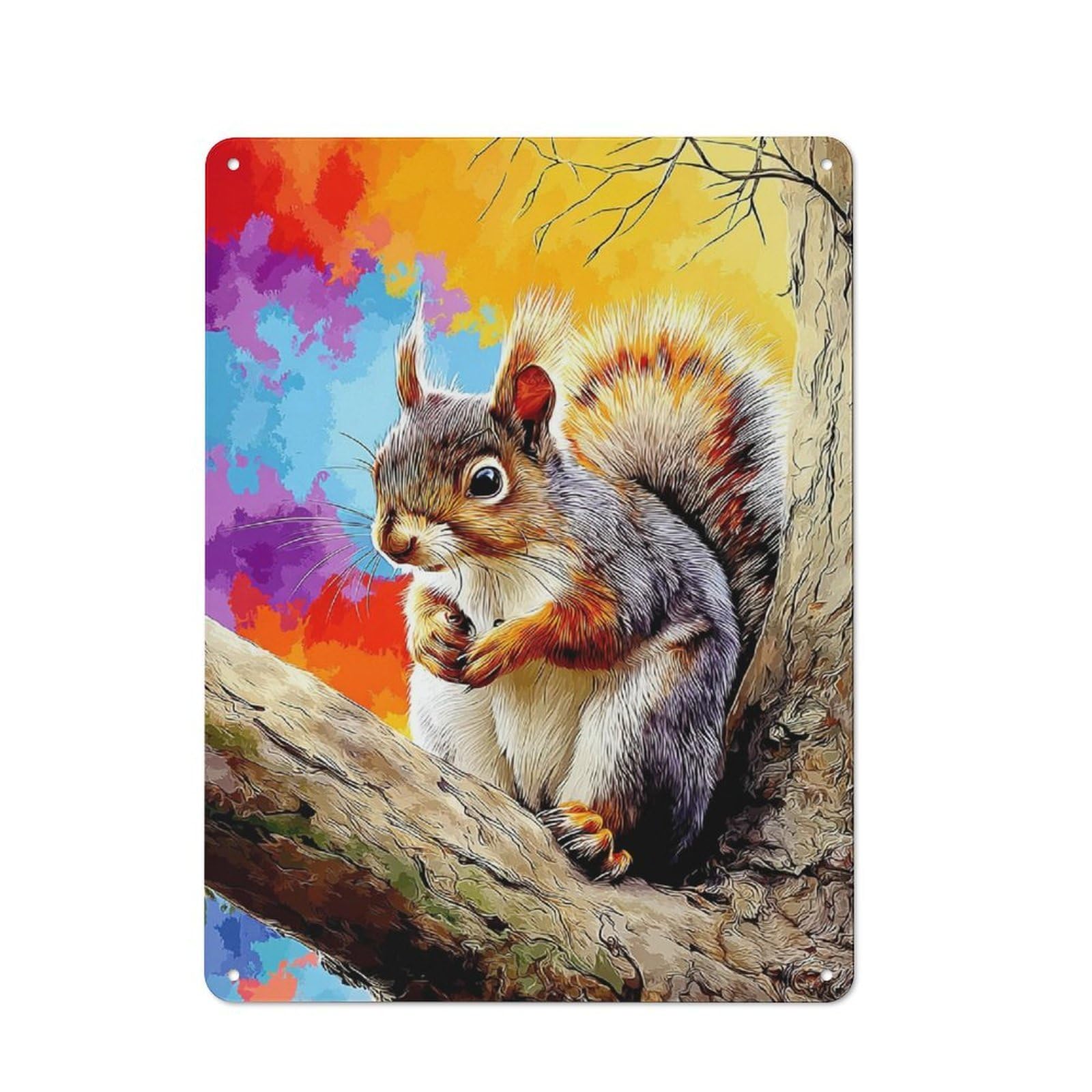 Junmoney Autumn Squirrel On Branch Metal Wall Plaque With Design 40X30cm, Retro Small Space Decor For Flat, Dorm Room, Lounge Or Cafe