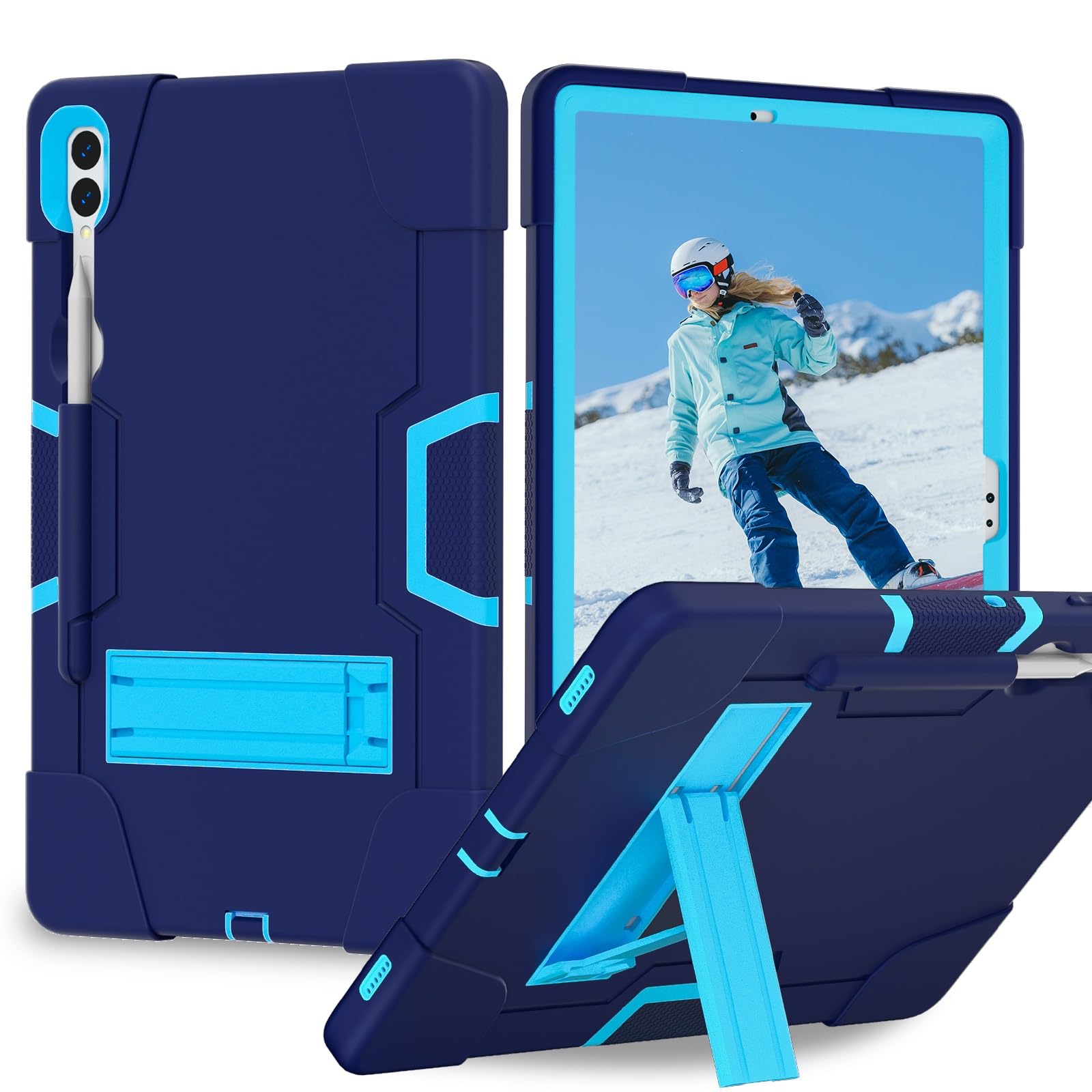 Do Samsung Galaxy Tab S9 Plus/Tab FE Plus SM-X810/X818U 31.5 cm (2023) etui silikonowe do tabletu z podpórką, wytrzymałe, odporne na wstrząsy, wytrzymałe etui ochronne (granatowe + niebieskie)