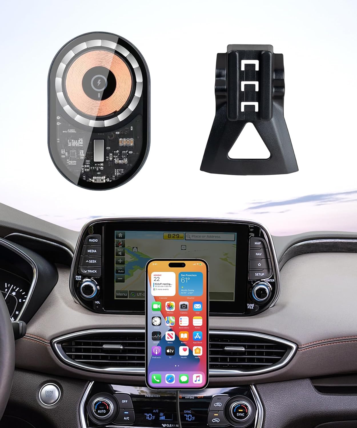 Wireless Charging car Phone Holder for Hyundai Santa Fe 2019-2023 Auto Accessories Navigation Bracket Interior Decoration Mobile Cell Phone Mount, 360° Rotation