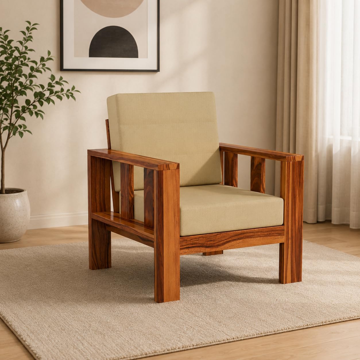 Sheesham Wood 1 Seater Sofa Set for Living Room | Wooden Sofa Set for Living Room Furniture (1 Seater, Natural Teak Finish)-image-1