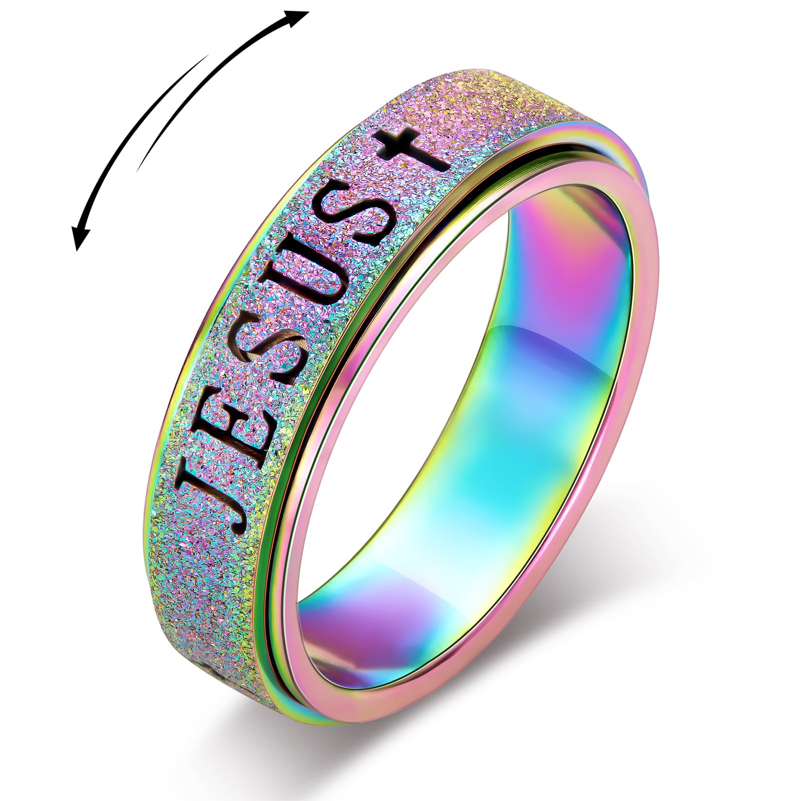 OreilleStar Fidget Spinner Anxiety Ring for Women: Fidget Toys Adults Cute Jesus Thumb Ring Stainless Steel Gold Silver Size 5 6 7 8 9 10 (Rainbow, 10