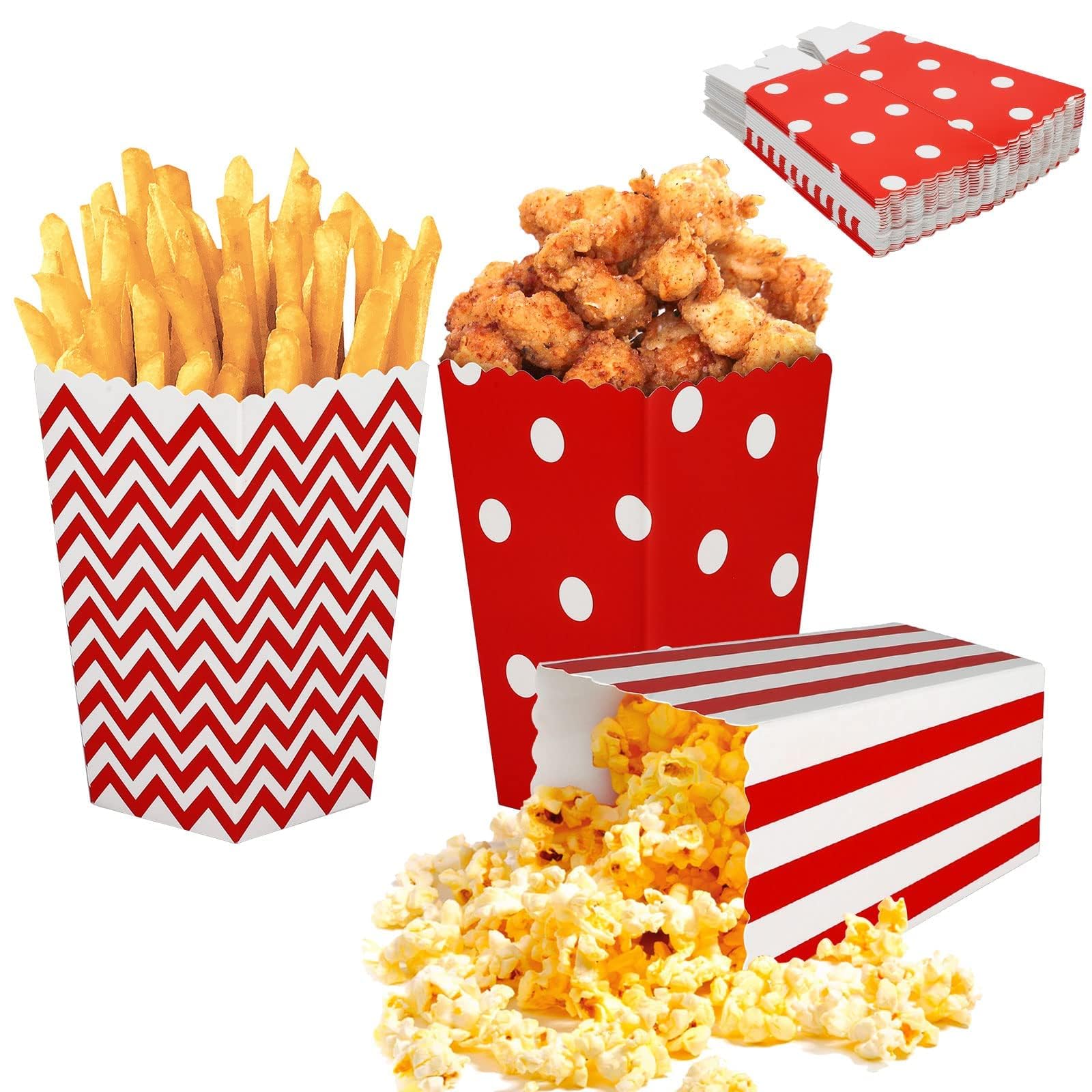 24Pcs Popcorn Favor Boxes, Striped Paper Popcorn Sweet Candy Containers Cardboard Popcorn Treat Boxes, Retro Popcorn Bags for Party Birthday Film Movie Night Carnivals Sleepover Party Treats (Red)