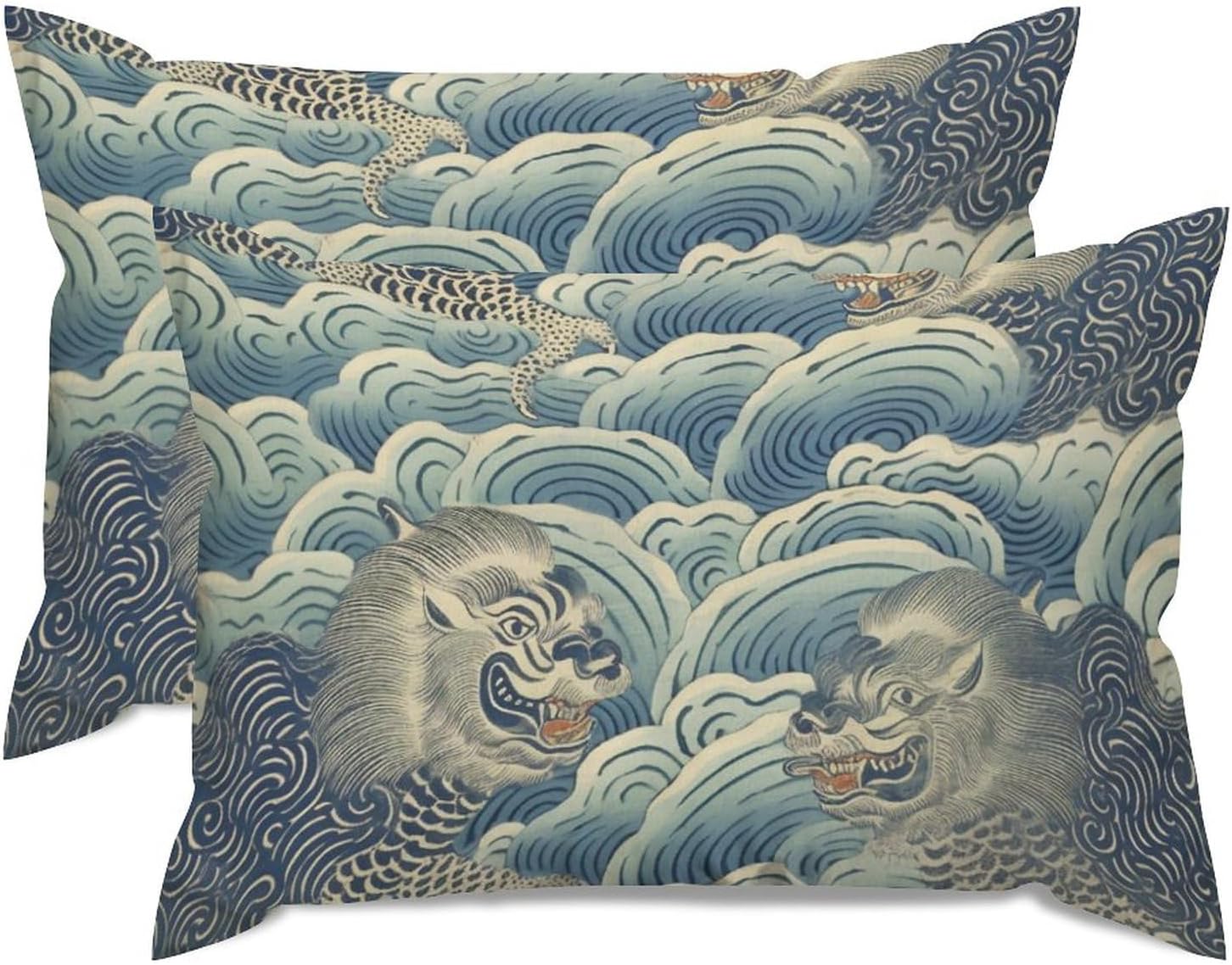 Chinoiserie Throw Pillow Cover Blue Tibet Tiger Lumbar Cushion Cover Set of 2 Oriental Chinese Decorative Pillow Home Cotton Linen 20x30in Rustic Cushion Cases for Sofa Couch Bedroom