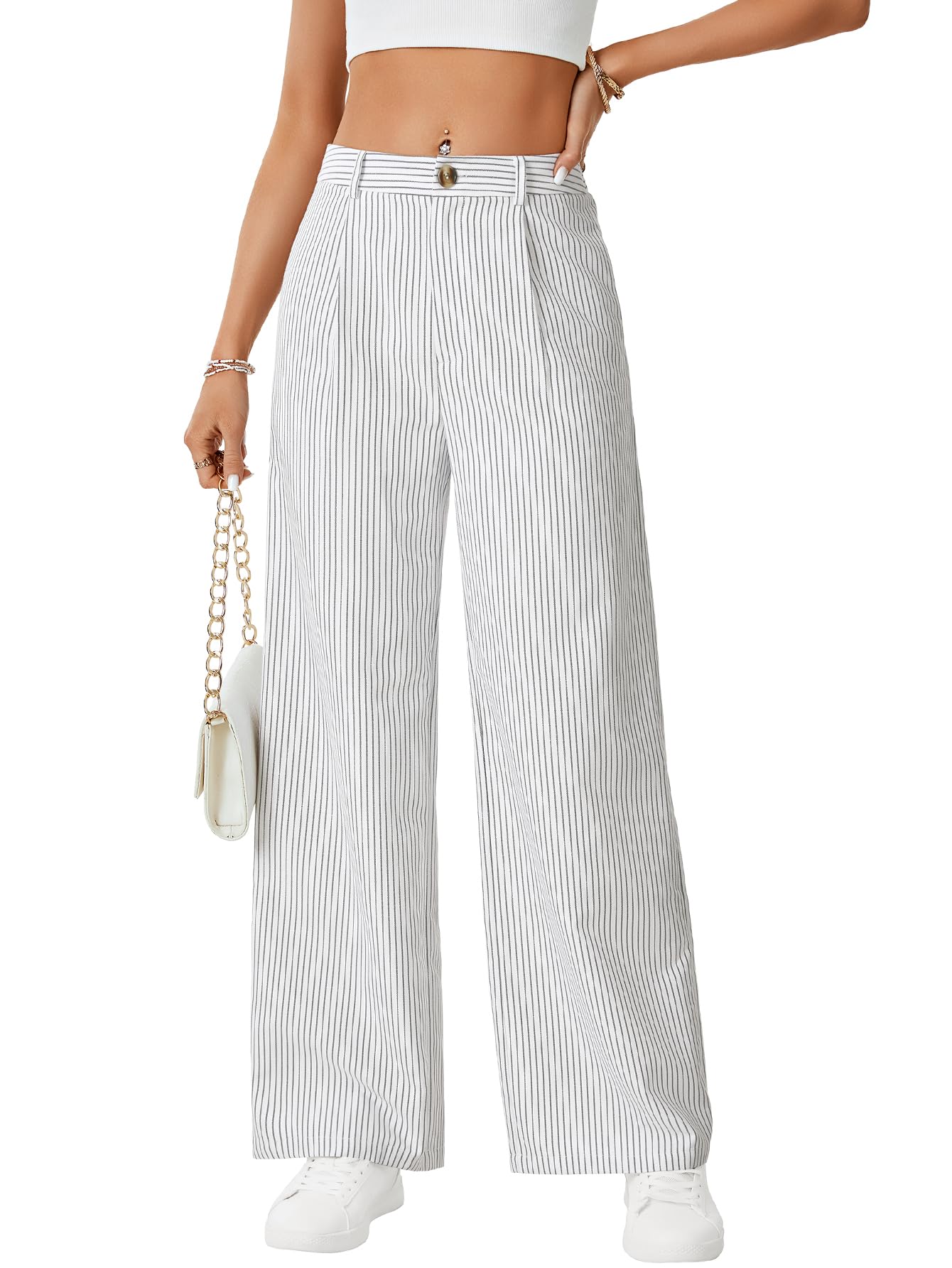 Vrtige Womens Striped Pants High Waisted Wide Leg Drawstring Casual Loose Trousers