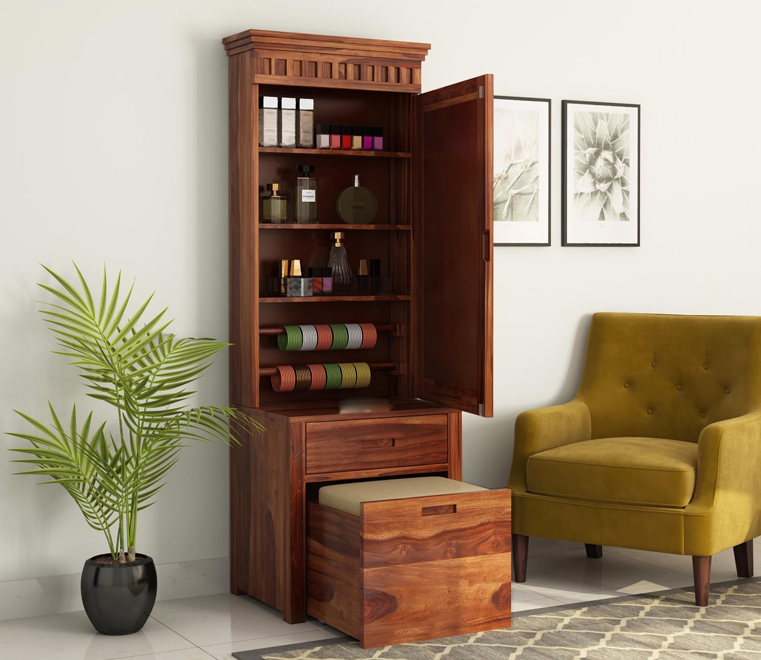 Wood Dressing Table with Mirror Storage, Stool & Drawer, Honey Finish-image-26
