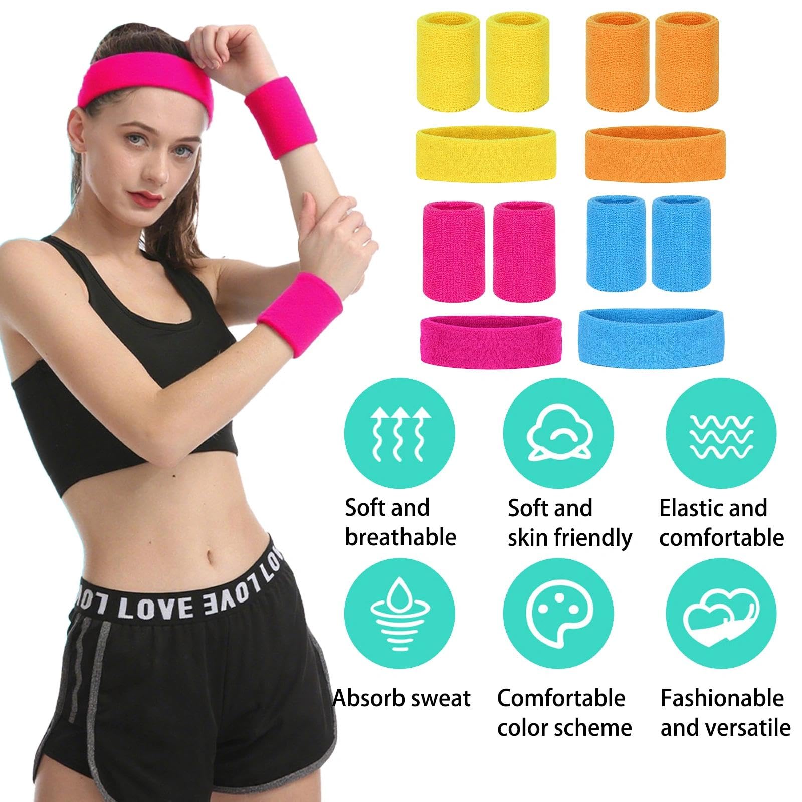FCXQG Bandeau Fluo 15pcs Serre Poignet Annees 80 Cheveux Annee et Bracelets Sport Orange Années Année Vert Eponge Bandeaux Guetres Femme Ensemble Rétro Guetre Bracelet Eponge