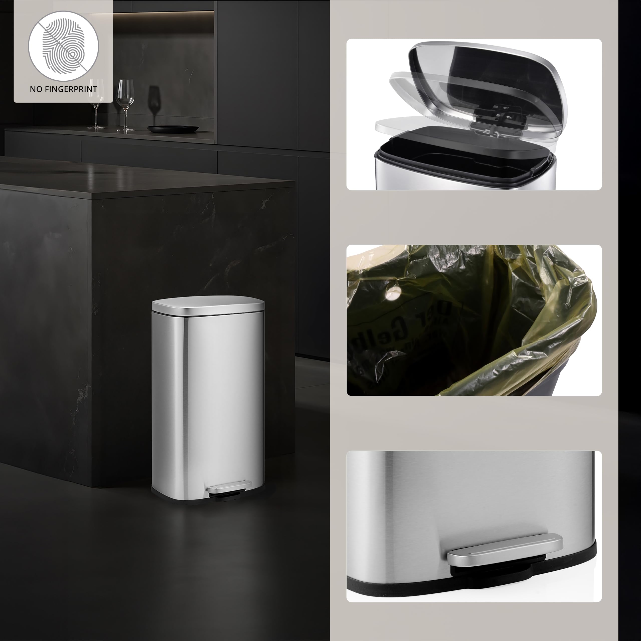 hjh OFFICE Mülleimer 30L Clean | Rechteckiger Abfallsammler aus Edelstahl, Hygienisch & Luftdicht Schließend, Fingerabdrucksicher, Satin-Finish, Ideal für den Innenbereich