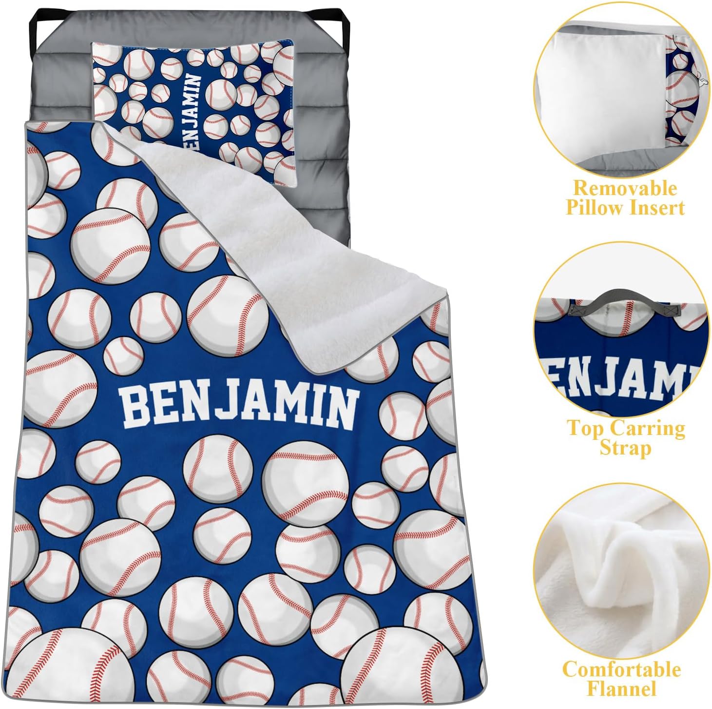 Custom Toddler Nap Mat for Preschool, Personalized Name Slumber Bags with Baseball Designs for Kids Daycare, Roll Up Sleeping Mats with Flannel Blanket & Removable Pillow for Boys Girls