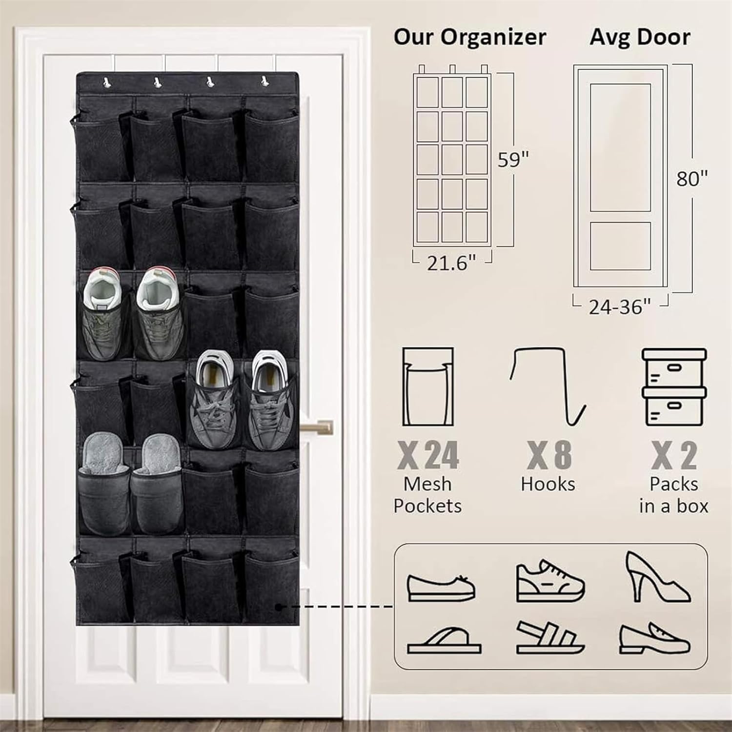 Shoe Rack For Closet Front Door Entrance Entryway Cabinet Hanging Organizer,Shoe Organizers Over The Door Bedroom Bathroom Space Saving Portable Clear 28 Pocket Mesh Breathable Hanger(Black White)