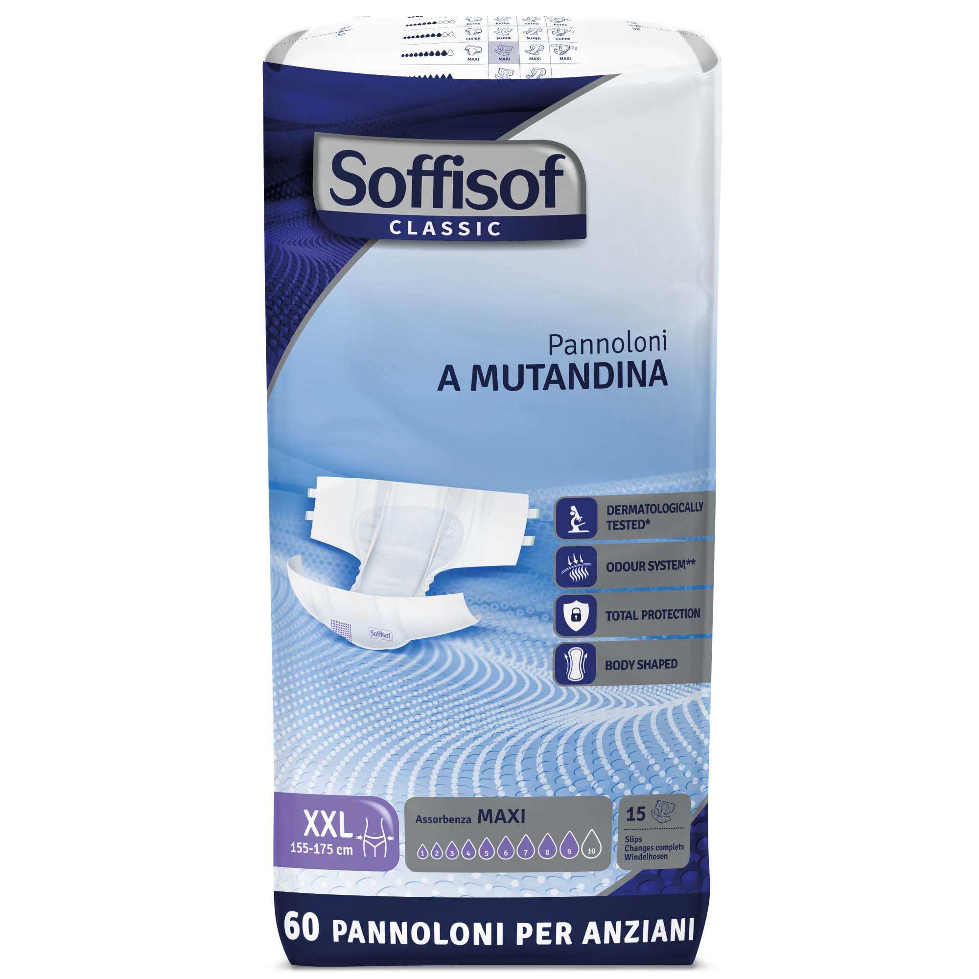Soffisof Classic Pañales Adultos Maxi XXL - 60x Pañales Adultos Maxima Absorcion Hasta 9 Gotas - 4 Paquetes de 15 Protecciones Incontinencia Hombre y Mujer