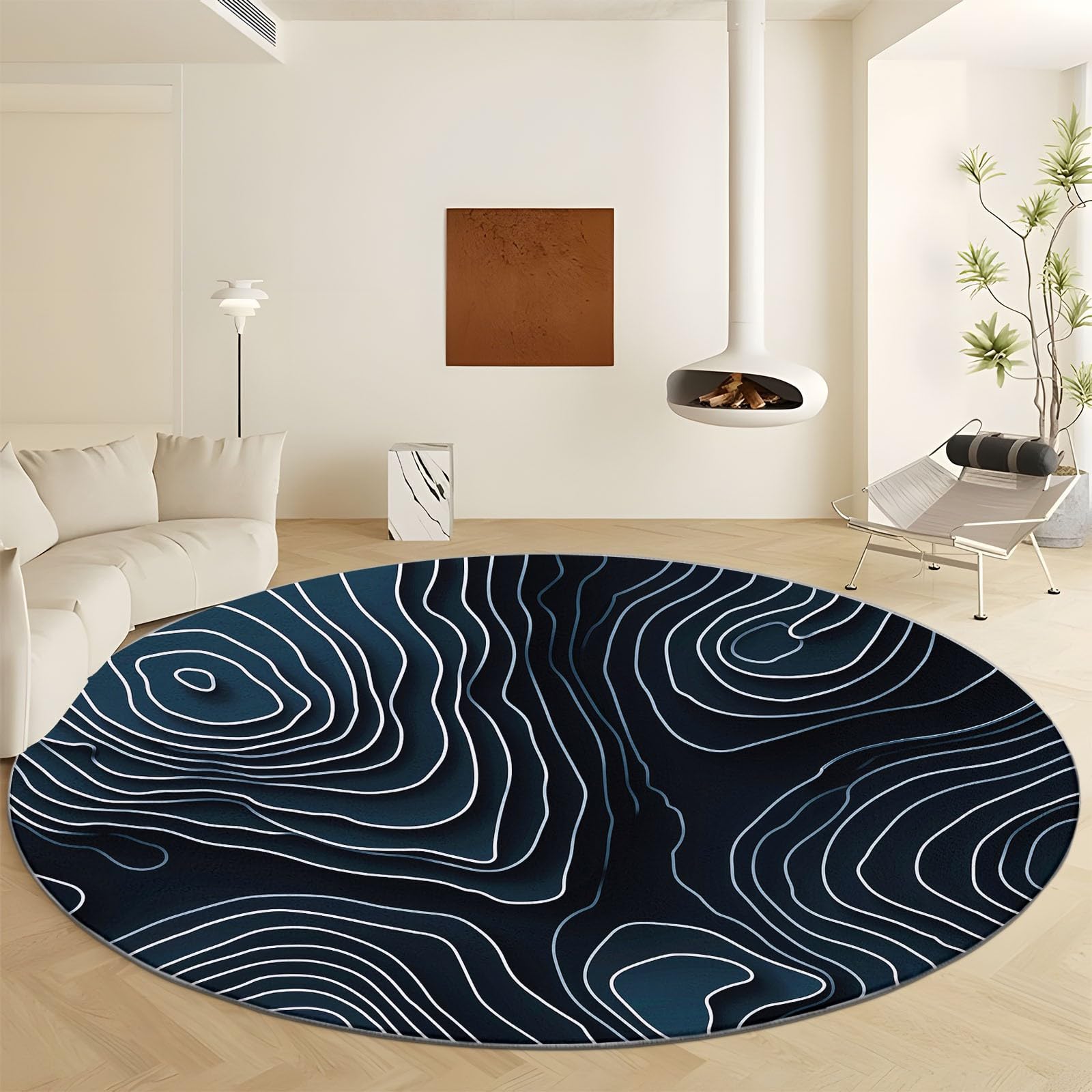 Tapis rond noir antidérapant et doux au toucher avec lignes géométriques pour chambre