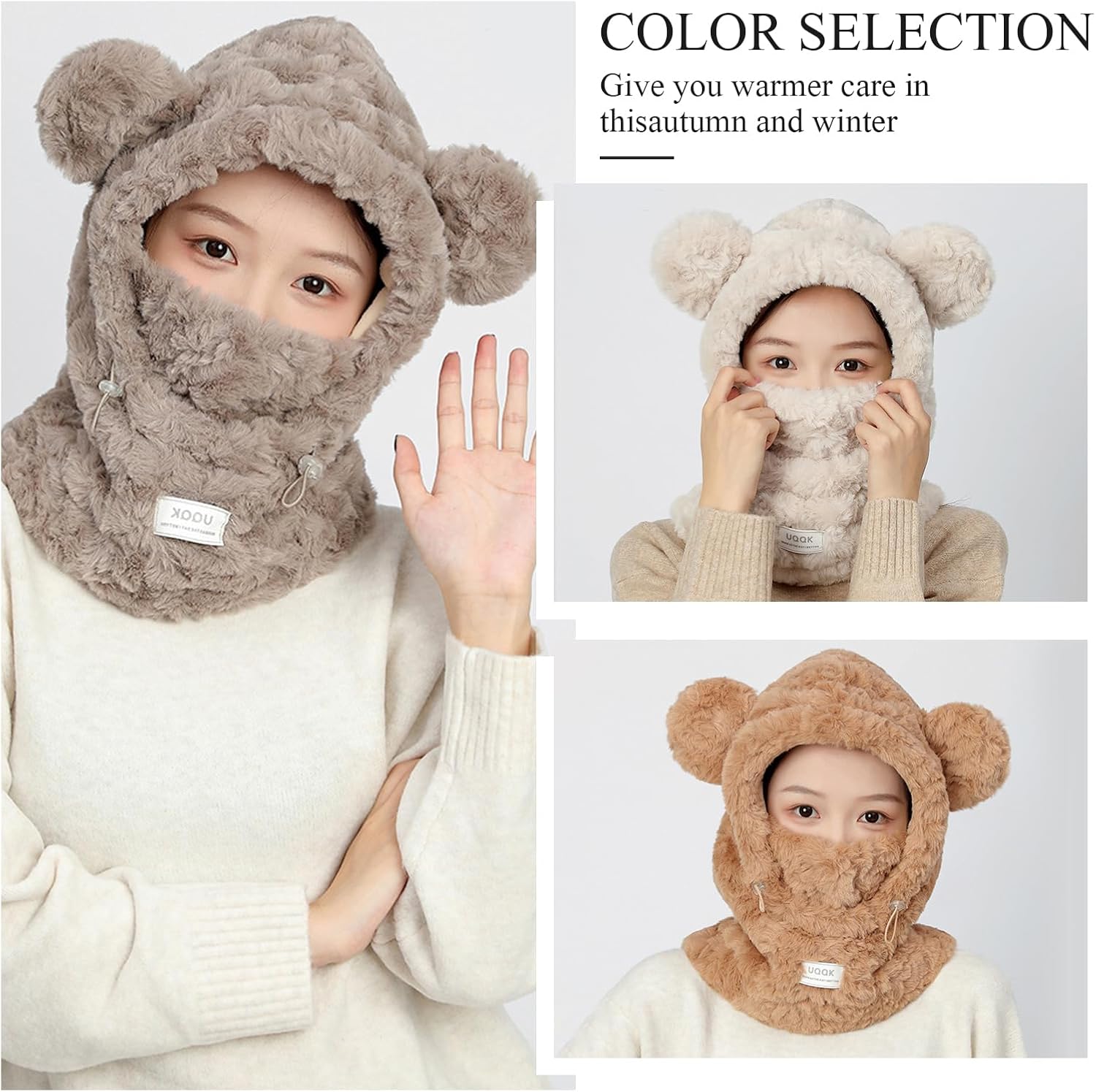 Women Girls Winter Scarf Hat Gloves 3 In 1 hooded Scarf With Mittens Cat Bear Ears Polar Fleece Hoodie Pocket - Image 6