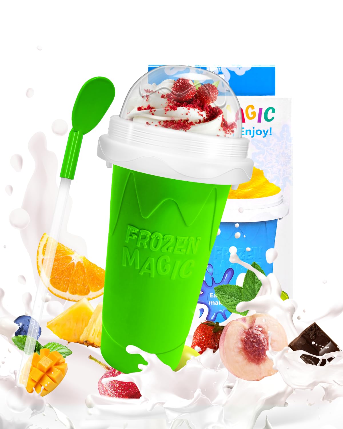 Slushie Cup, DIY Magic Slushy Maker Cups, Portable Slushy Cup for Juices, Milk and Ice Cream Make, Double Layers Silica with Lid & Straw for Kids, Friends, Family (Green)
