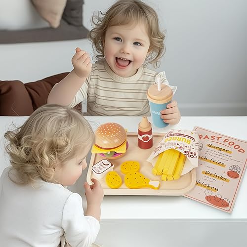 Miniatura 6 de Juego de comida de juego de simulación para niños, juego de comida rápida de madera con bandeja de hamburguesas, cola, papas fritas, accesorios de