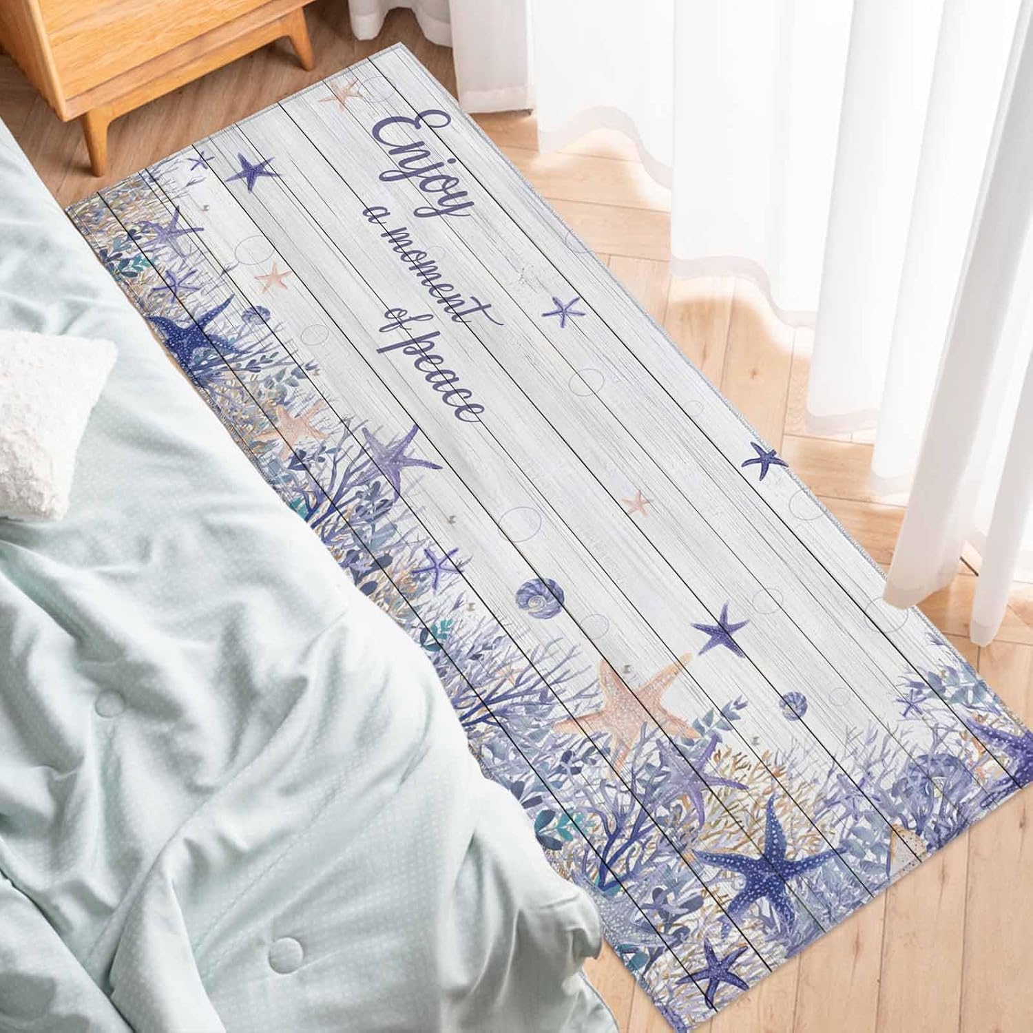 Kitchen Mats for Floor Watercolor Marine Life on Wood Grain Washable Non Slip Kitchen Rugs 1PCS, Starfish Coral Peace Text Absorbent Standing Mats for Sink Bathroom Office Living Room 23.6x70.9in