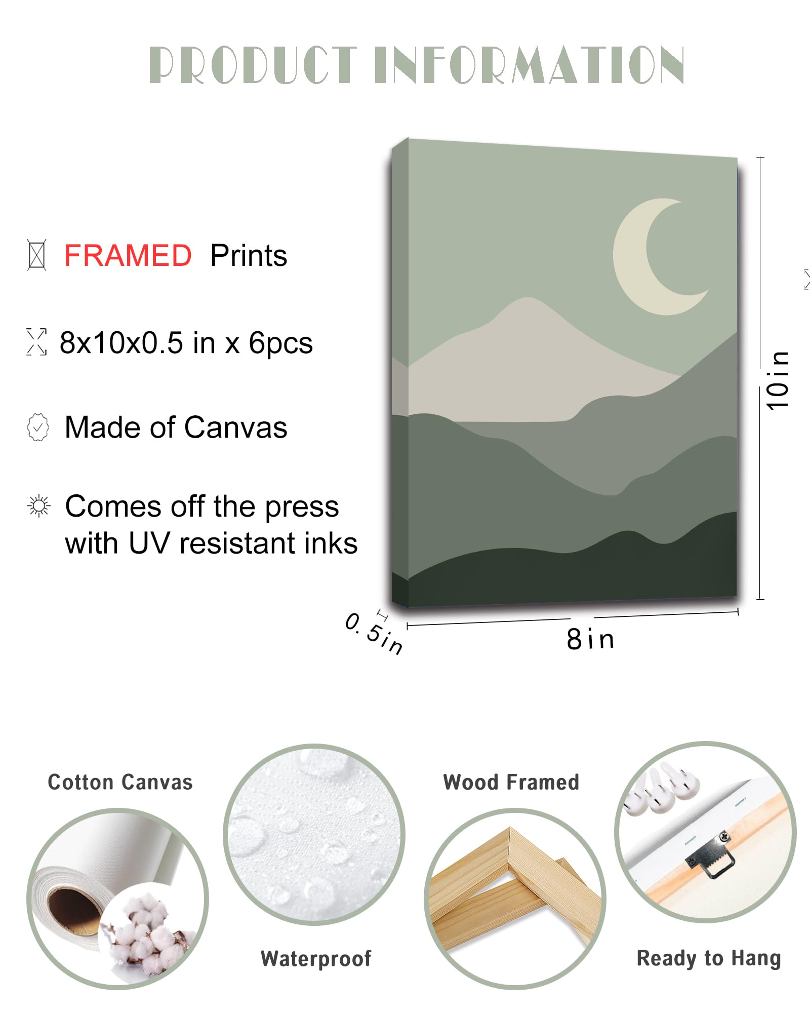 Drsoum Green Boho Wall Art Mid-Century Modern Wall Decor Canvas ð?—™ð?—¿ð?—®ð?—ºð?—²ð?—± Print Minimalist Botanical Abstract Geometric Aesthetic Neutral Boho Room Decor for Bedroom Living Room Bathroom 8"x10" Set of 6 (Framed)