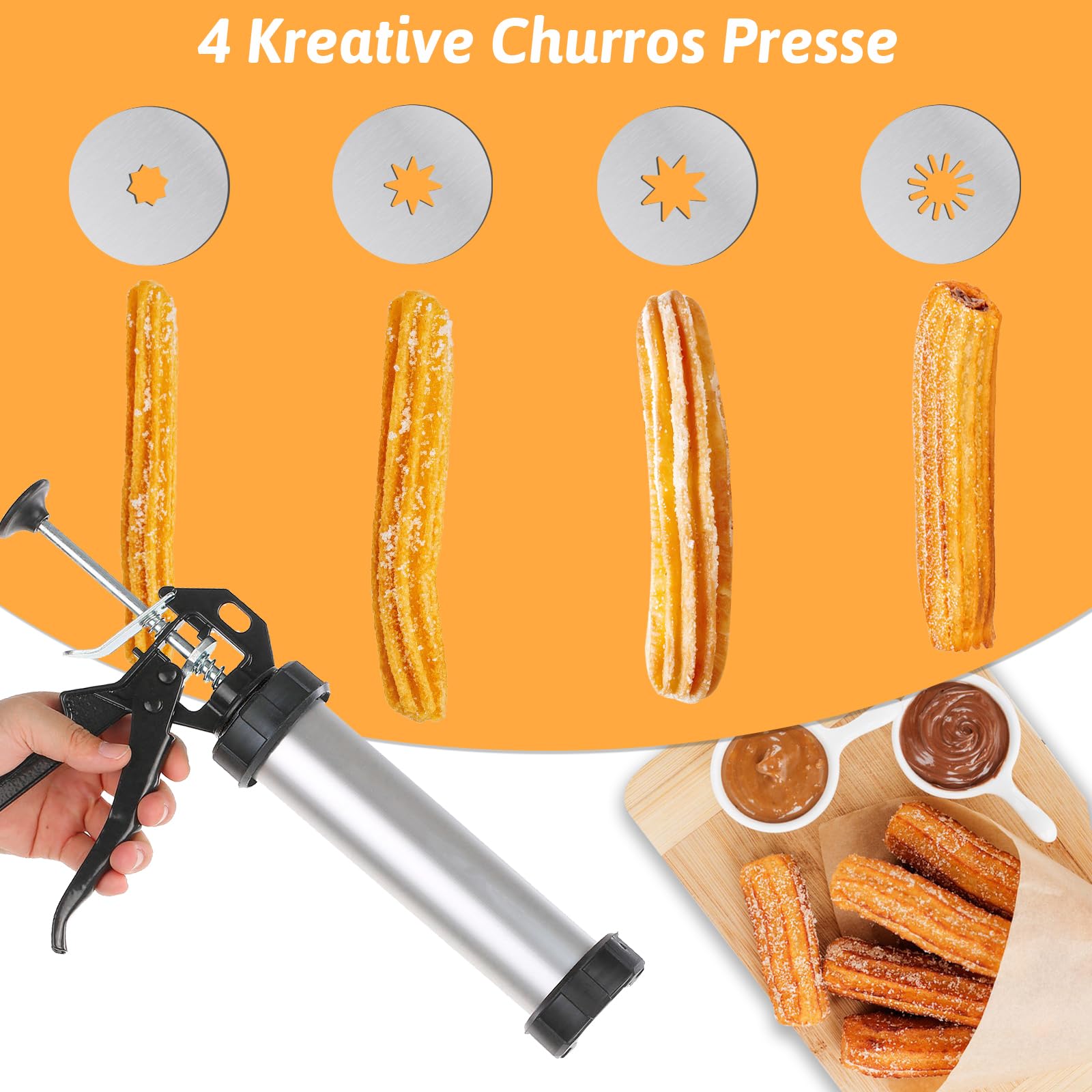 Machine a Churros,Appareil a Churros,Presse a Biscuits Inox,Professionnelle Presse à Churro Pistolet à Pâtisserie,Seringue Patisserie avec 9 Gabarits,11 Douilles pour Gâteaux Gâteaux Dessert Saucisse