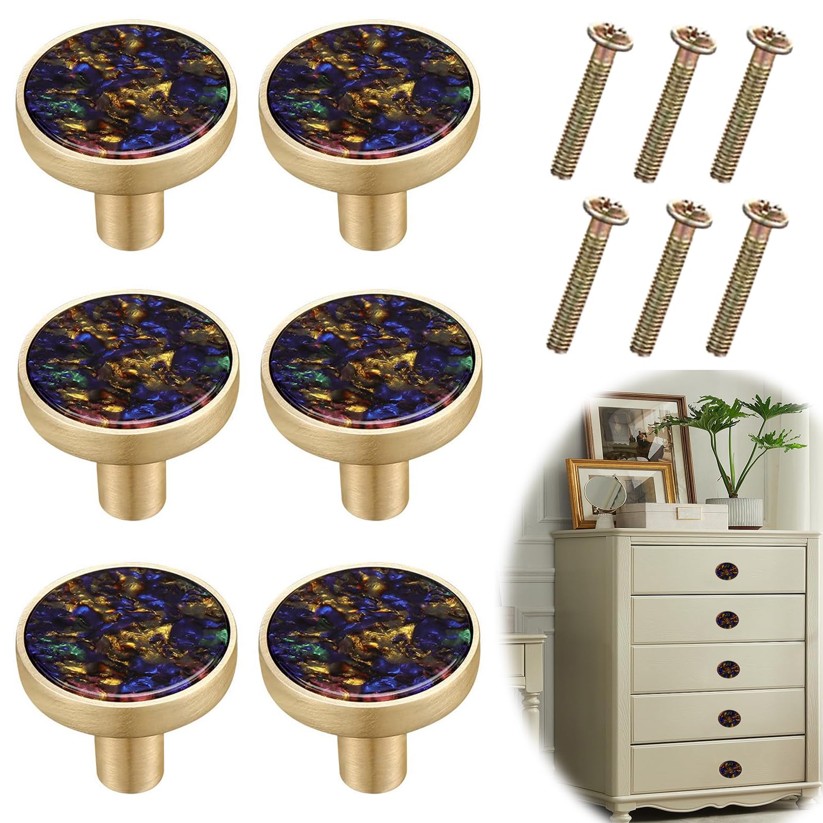 Marble Brass Cabinet Knobs, NAWOKEENY Round Circular Drawer Handle Pulls Decorative Mother Cupboard Knobs, Gold Dresser Knobs for Kitchen Furniture Hardware Clothes Hooks Pearl 6Pcs (Style E)
