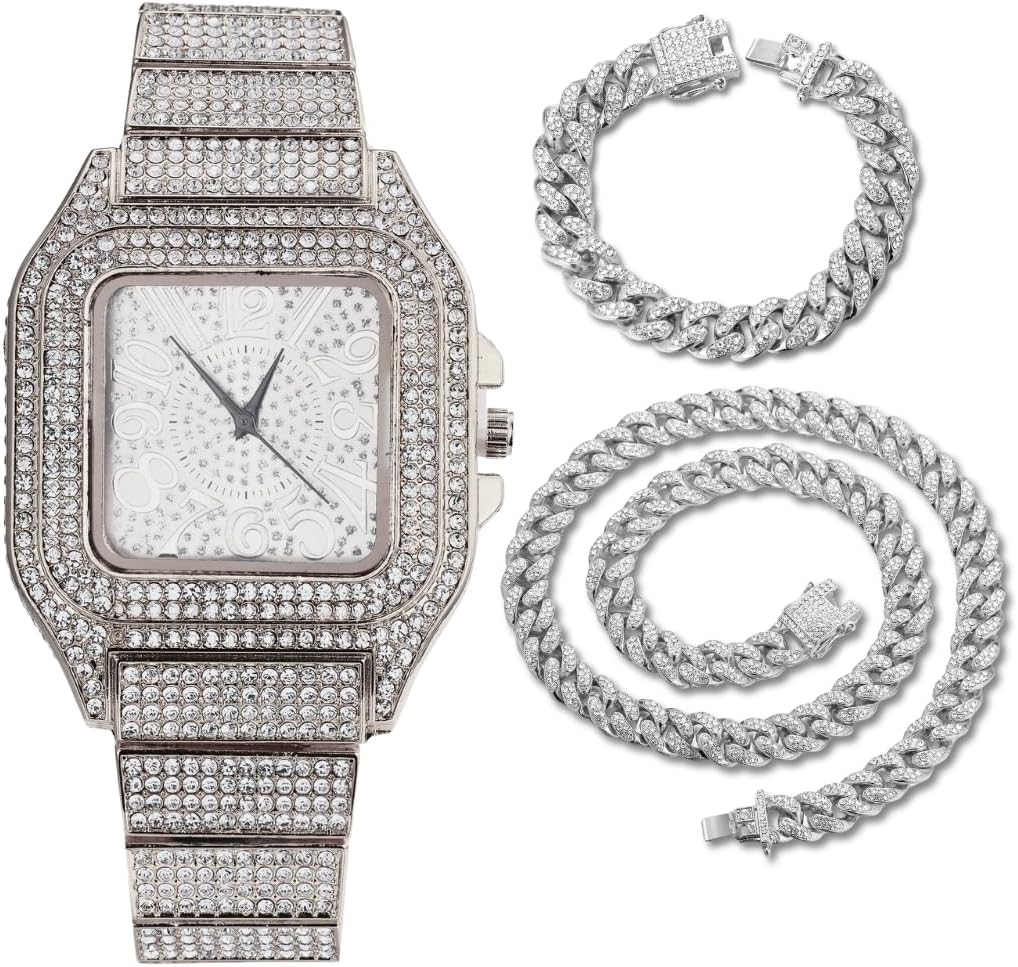 Halukakah Diamonds Gold Watch Iced Out, Men's 18K Real Gold/Platinum White Gold Plated Arabic Numerals Dial Quartz Wristband 8.7", Optional with Cuban Link Chain 8" Bracelet/18 Necklace, with Giftbox