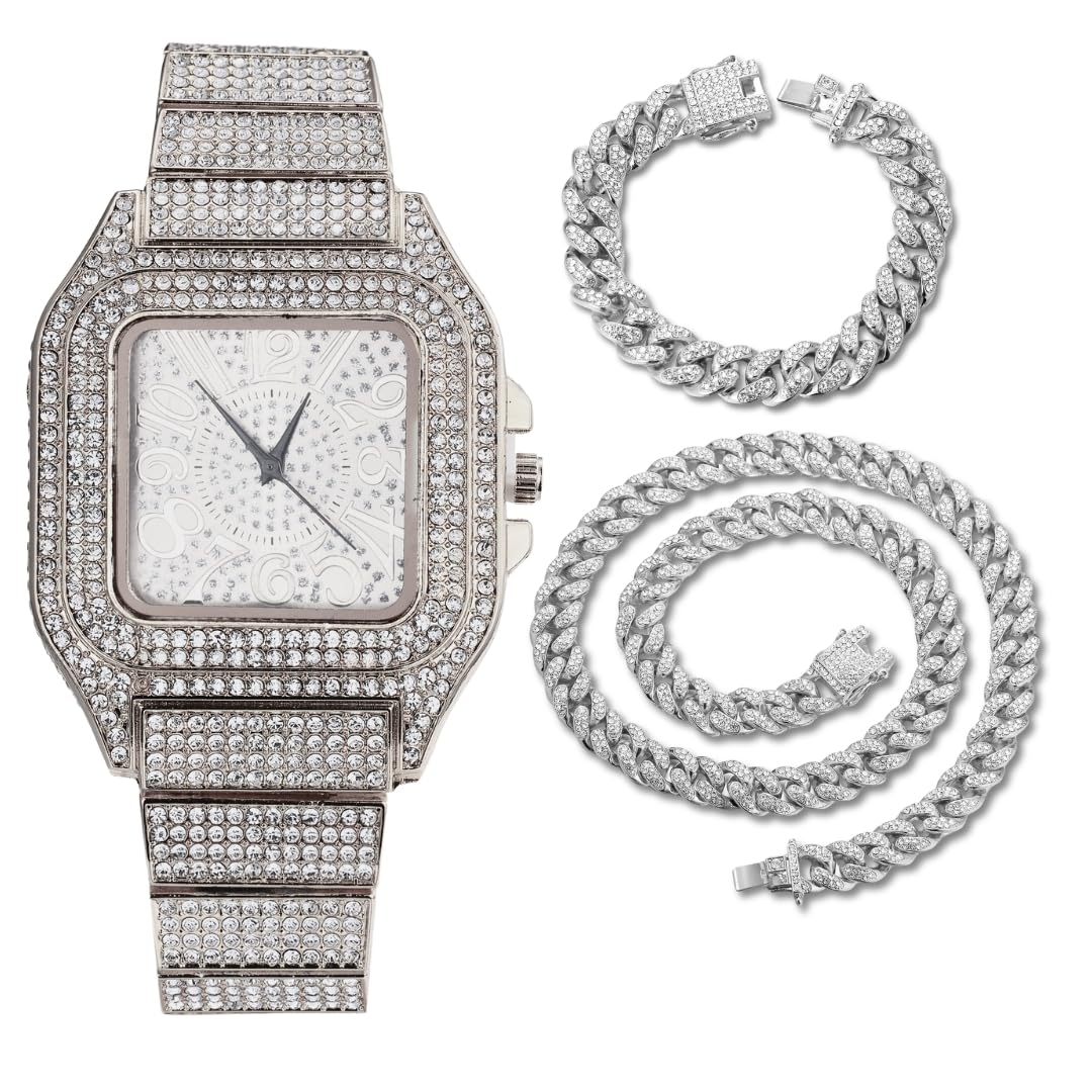 HALUKAKAH Reloj con Diamantes Iced out,Hombre Chapado en Oro 18K/Platino Oro Blanco Esfera con Números Árabes Cuarzo 22cm,Opcional con Cadena Cubana 20cm/45cm,Viene con Caja de Regalo