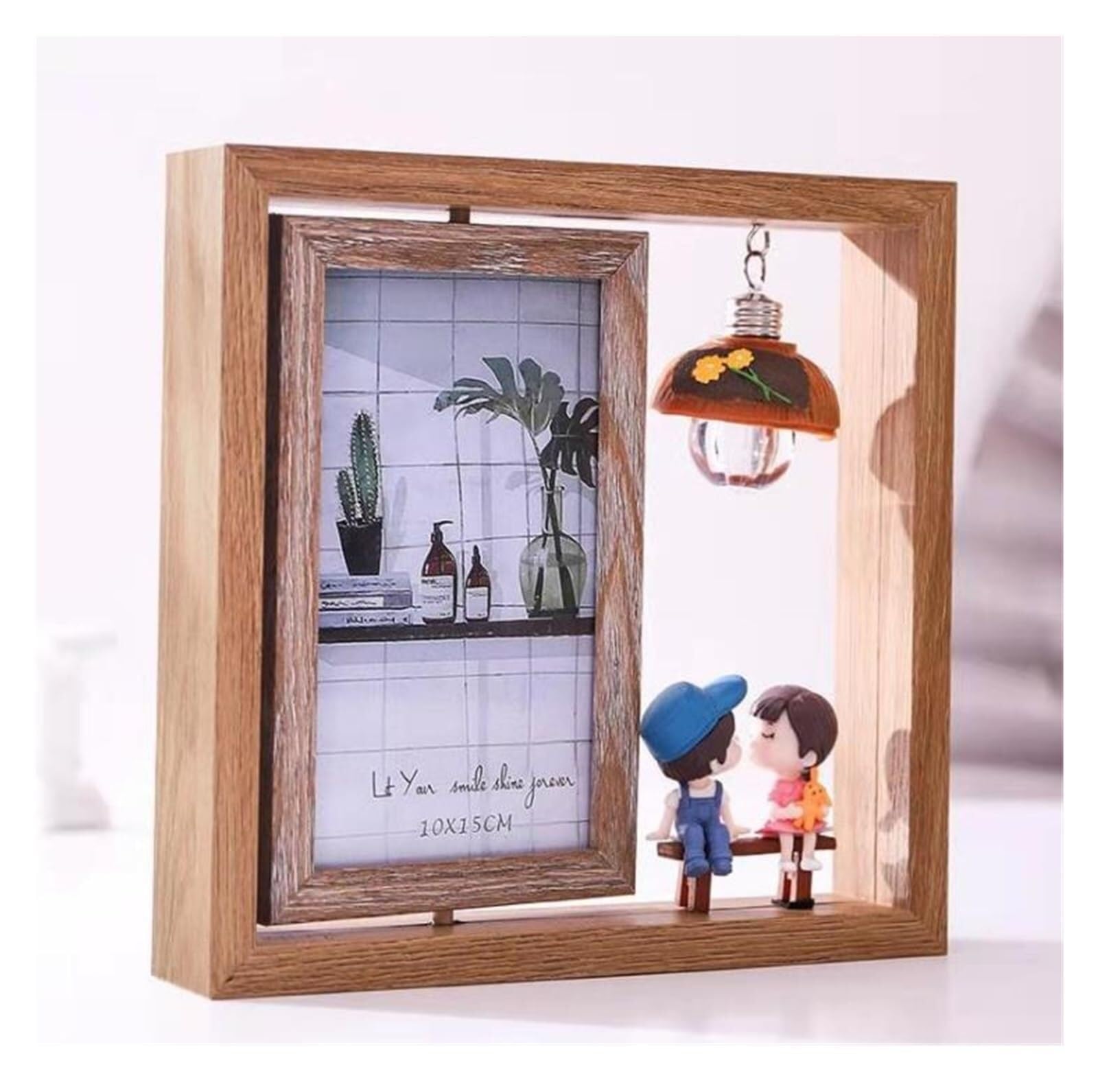 Photo Frames Photo Frame Creative Set-up Double-sided Rotating Wooden with Light Cartoon Pig(Couples)
