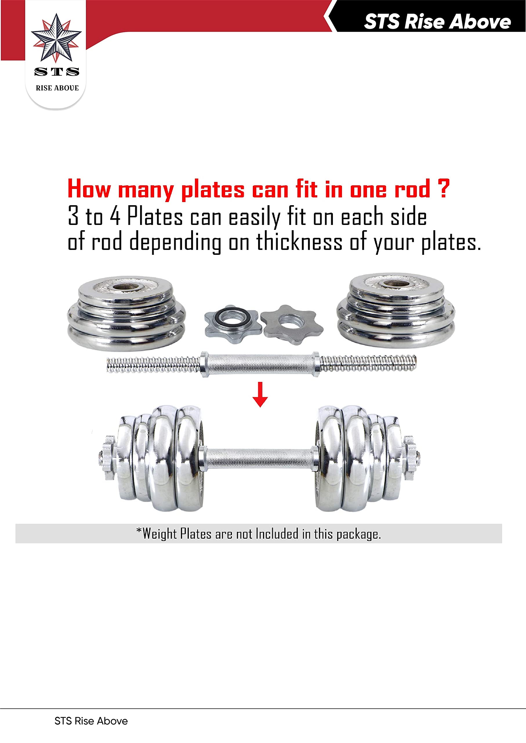 STS Heavy Dumbbell Rod Steel Iron 18 inch fo 30mm and above weight plates Threaded with STAR COLLAR 3