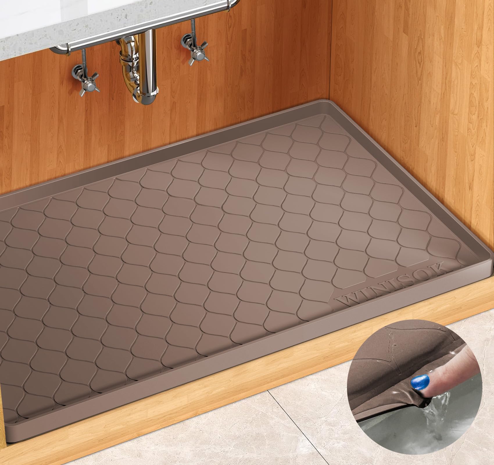 Winisok Waterproof Under Sink Mat 28" x 19", Silicone Mat, Brown