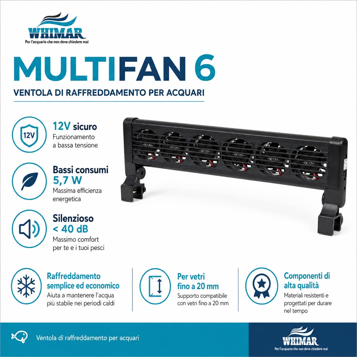 Whimar MultiFan 6 Ventole di Raffreddamento per Acquario, Sistema 12V a 6 Ventole, Basso Consumo 5,7W, Silenzioso <40 Db, per Acquari Aperti, Supporto per Vetro Fino a 20 mm